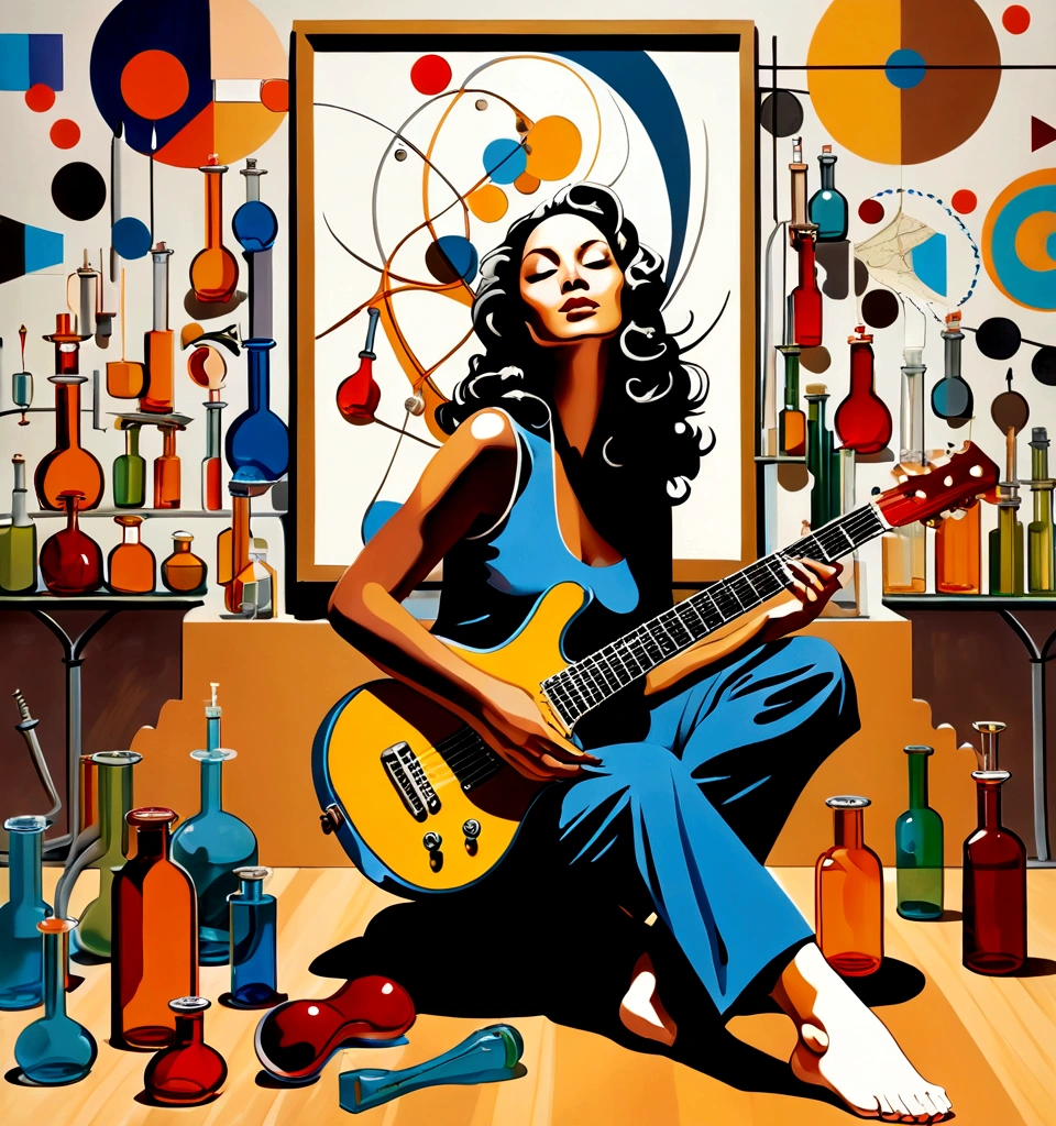 Masterpiece; Guitars and drums in a small science lab(((several science bottles around the room))); (guitars and musical keyboards inside science bottles) World map on the wall. sciencie complete with speakers and glass flasks of chemistry, embody the resilience and tenacity of the scientific community, infused with a bold graphic allure that enlivens the spirit of science. The design penetrates layers of depth, integrating the raw essence and vibrant cores of Rio de Janeiro culture.portrait of a beautiful woman on the wall. Brushstrokes that incorporate the fluid energy of graffiti on guitars and acoustic guitars weave around dynamic geometric shapes, adorning the laboratories with an evocative masterpiece that speaks to the heart of the intersection between two diverse worlds. Majestically rendered in high definition and vibrant color, every detail bursts with life, inviting viewers to marvel at the beauty that; by Salvador Dali
