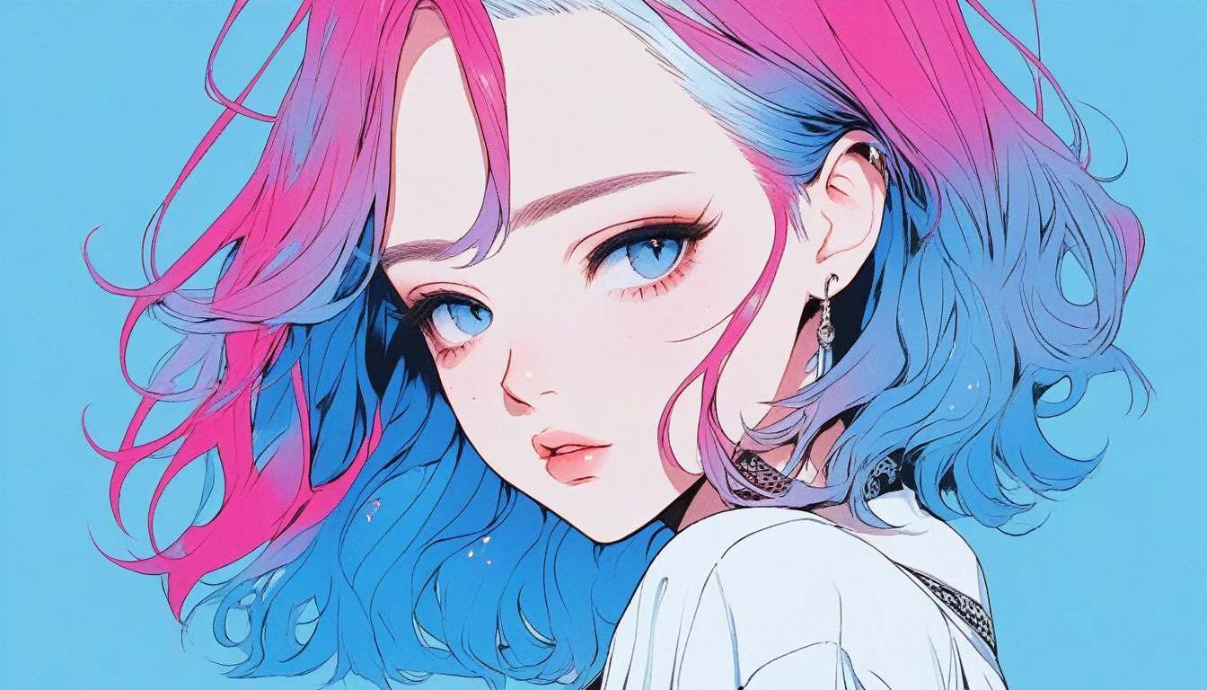 Illustrator, anime , Realistic ,sketch , 1 Girl, ,lip, blouse,order, Blue gradient background, Neon Hair,Textured Trim, Canadian, (masterpiece,Highest quality) Cancer