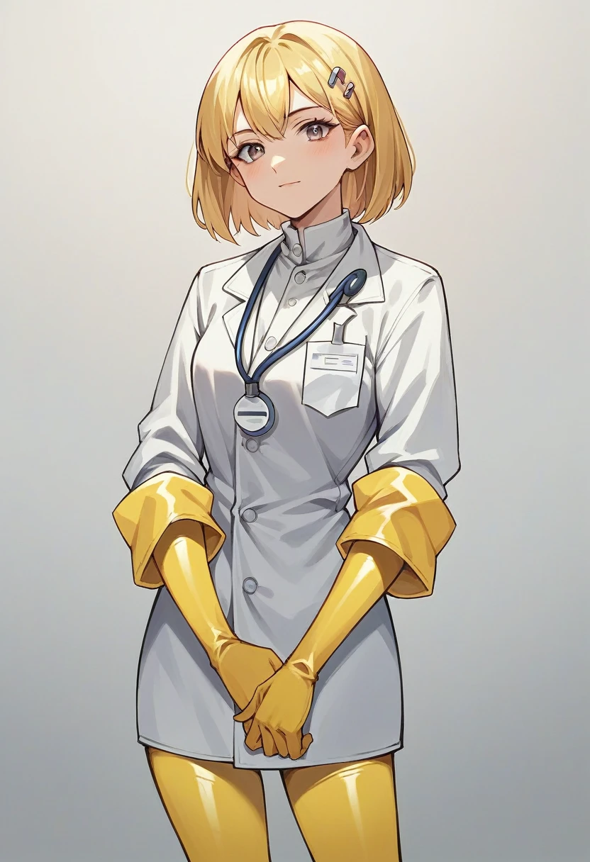 1girl, ((yellow elbow gloves)), ((surgical gloves)), ((latex gloves)), ((long sleeves)) ((white surgeon outfit)), looking at viewer, ((doctor)), standing, solo