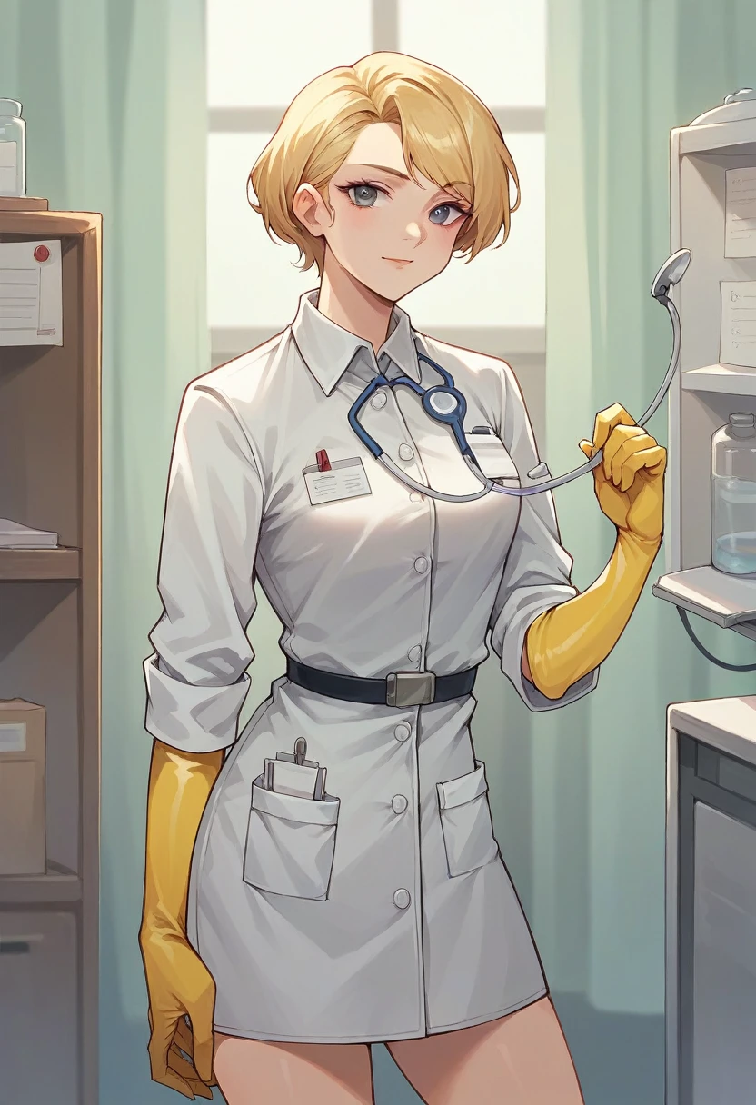 1girl, ((yellow elbow gloves)), ((surgical gloves)), ((latex gloves)), ((long sleeves)) ((white surgeon outfit)), looking at viewer, ((doctor)), standing, solo