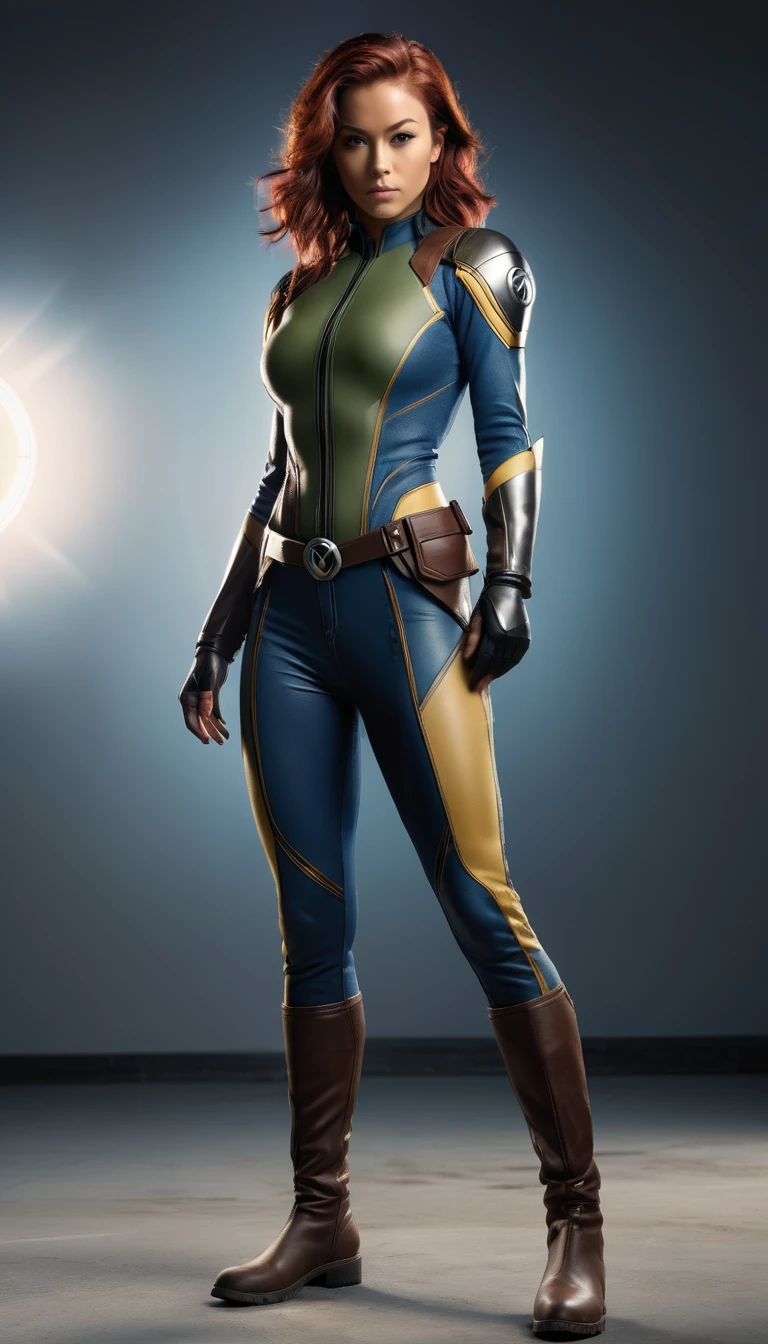((Full body photo, standing, feet on the ground))rogue, young female, x-men, (((full body visible) )), looking at viewer, portrait, photography, detailed skin, realistic, photo-realistic, 8k, highly detailed, full length frame, High detail RAW color art, piercing, diffused soft lighting, shallow depth of field, sharp focus, hyperrealism, cinematic lighting