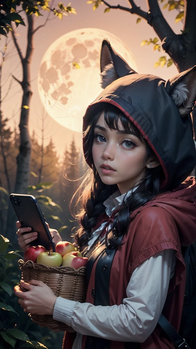 Create a fantasy, little red riding hood in the forest at dusk illuminated by the light of a large moon rising through the trees, carrying a basket of apples, sitting on an old dry tree trunk, with cell phone in hands, eyes shining with the blue light of the sun. cell phone, big black curious wolf, looking at the cell phone over the girl's shoulder, horror on the faces of the animals around. high quality,8k,UHD.