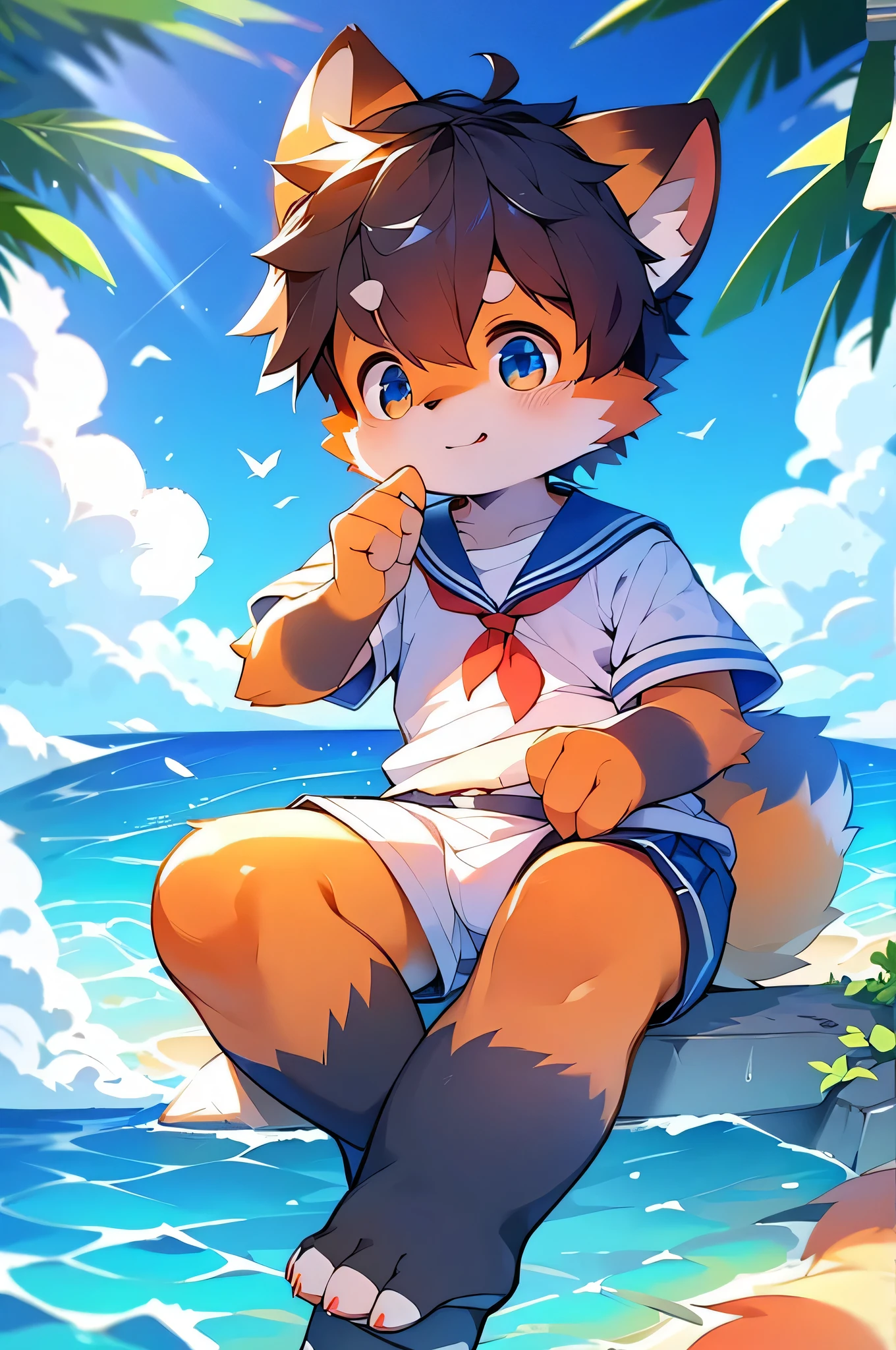 Male Red Panda, Ocean, Appeared wearing a sailor uniform! One in heat, Sitting,fly in the sky，Blue light