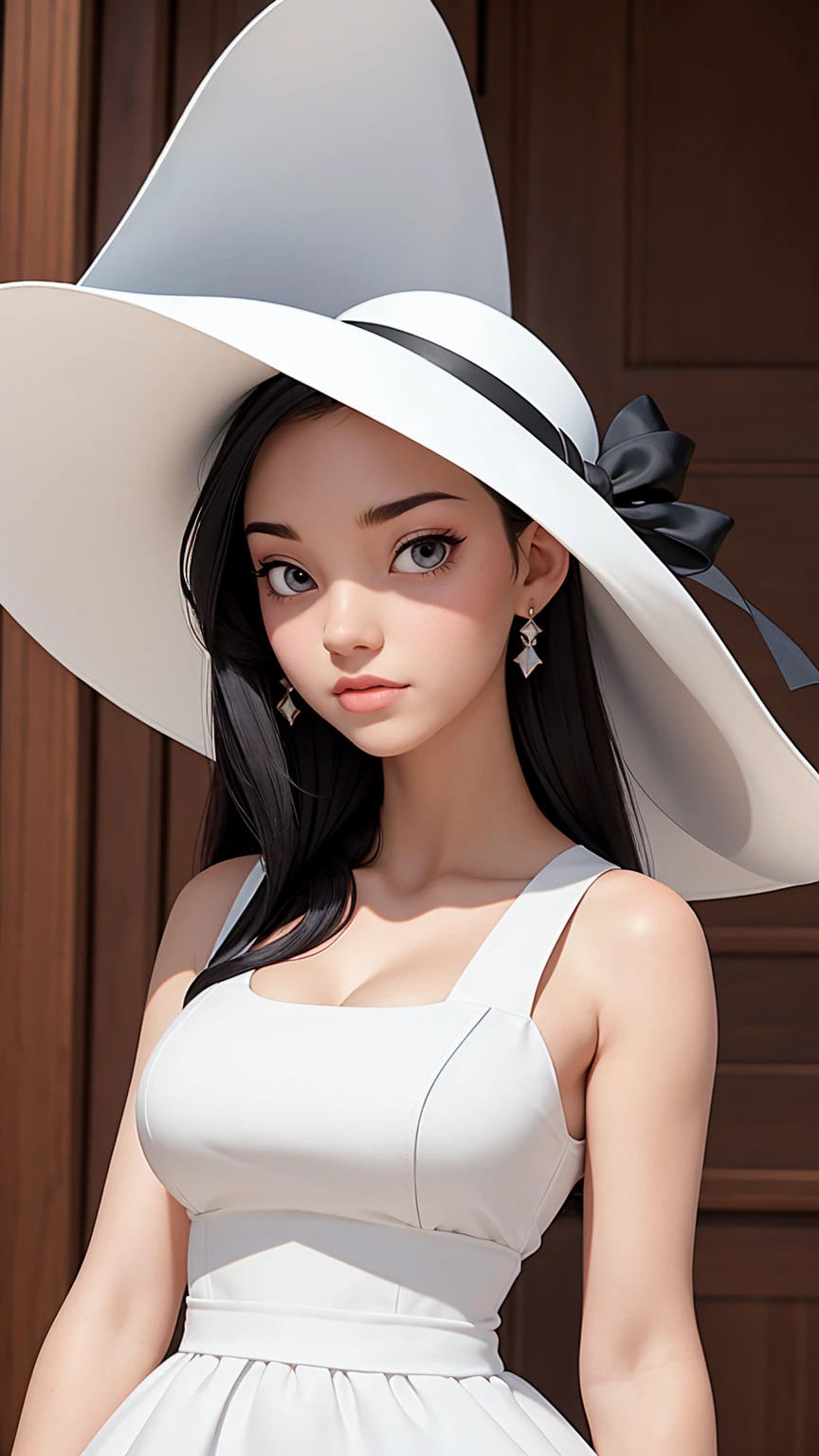 (best quality, masterpiece, perfect face) black hair, 18 years old pale girl, big bust, white sundress, big white hat