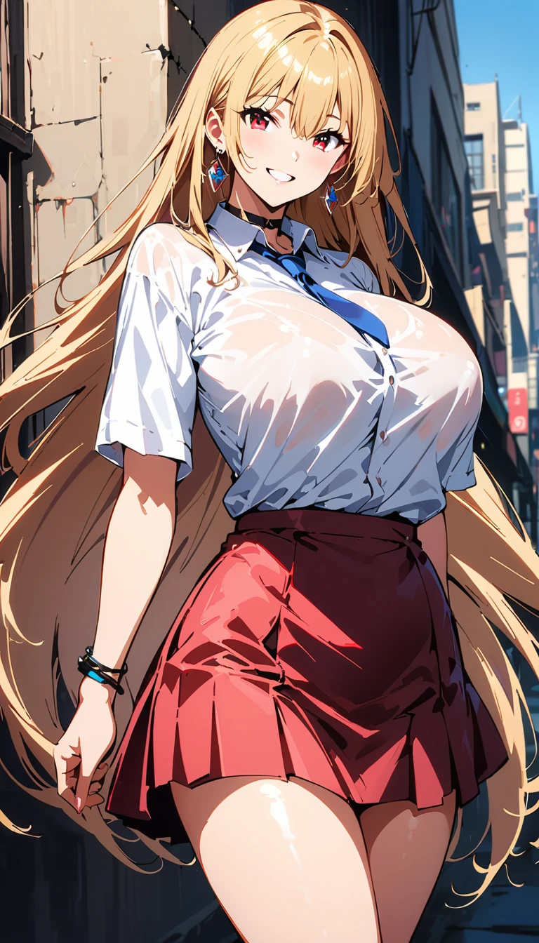 (Highest quality:1.2, Anime works, Very detailed, High detail, digital coloring, High Contrast, masterpiece:1.2, Highest quality, Best aesthetics), (((Kitagawa Marine, 1 Girl))), Blonde, Straight Long Hair, Pink gradient hair, Red eyes, Earrings, White shirt, Black Choker, Blue tie, Check skirt, Grin, smile, Are standing, Cowboy Shot, Outdoor,Huge breasts、See-through 、Thin fabric shirt、Pink underwear