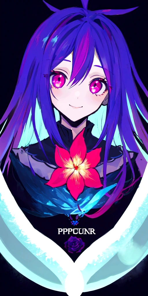 a portrait of flower girl in the dark,the flower is shineing, this is a simple image, Great,(((spectral flower))), fantasy flower,Incredible, amazing, spectral,magic,magical flower, red spectral, in the dark, shine,,No_People,colorful, bright color,blue and red,BAD, she is cute, cutie, Expressive smile,