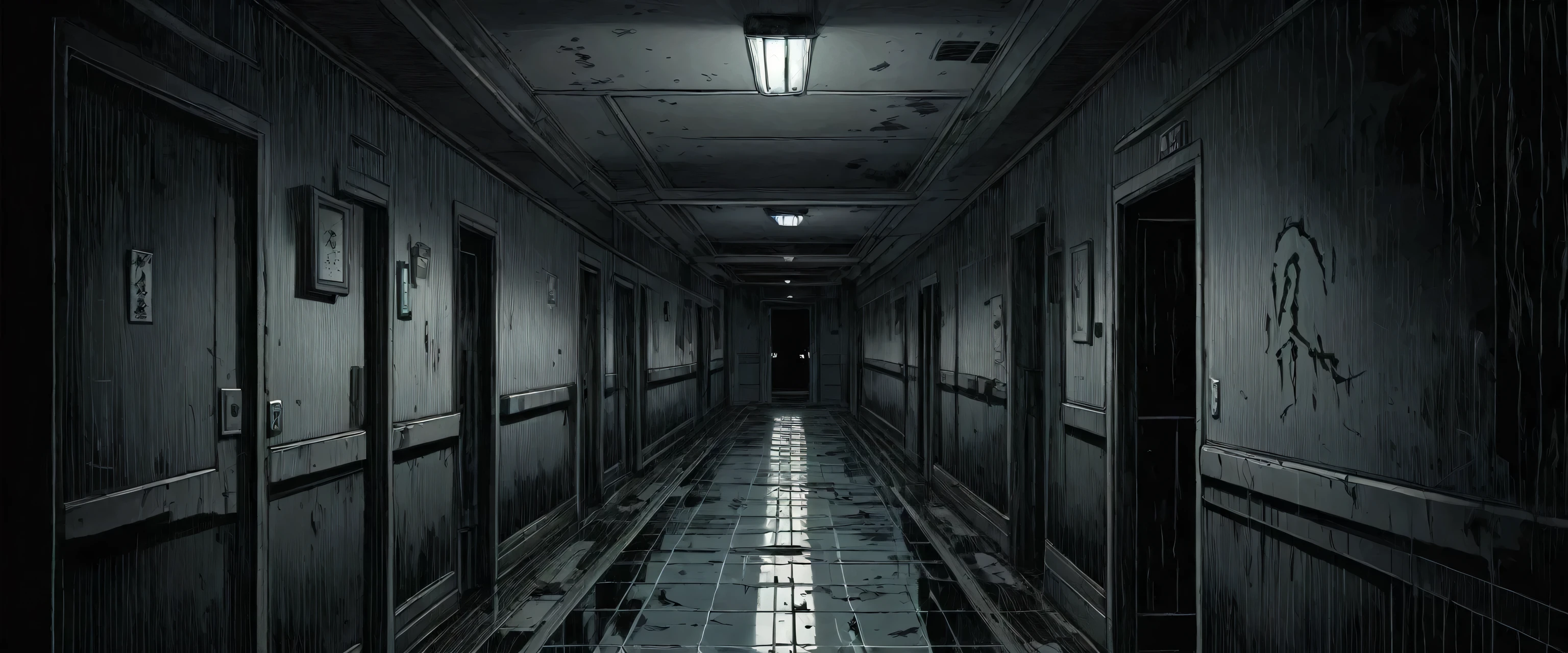 (best quality,4k,8k,highres,masterpiece:1.2),ultra-detailed,realistic:1.1,black and white,hatched lines,detailed linework in a Japanese line art style,creepy and eerie hospital corridor scene,jagged shadows,stark contrast between light and dark,gritty texture,ominous mood,distorted perspective,subtle hints of blood,horror manga-inspired ,ominous aura surrounding the room,spooky ambiance,subtle hints of paranormal activity,unsettling atmosphere,ghostly figures lurking in the shadows.