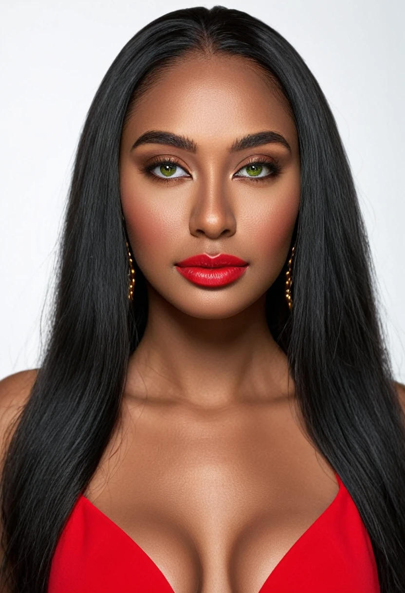 Woman in red lingerie posing for photo. fine details in everything, a beautiful woman, beautiful Latin face, Brazilian supermodel, stunning beauty, stunning, Angolan descent, most beautiful woman in the world, jaw-dropping beauty, young adult 30 years old, She has an exotic beauty, native Brazilian , tall woman, a stunning black African woman, with indigenous features, beautiful indigenous girl, ((An indigenous African girl with European ebony)), ((her beauty is undeniable)), beautiful young ebony girl with dark skin, tanned Mexican. *hair: Straight black hair, voluminous black hair, long black hair. *eyes: eyes are green and expressive, beautiful green eyes, realistic green eyes, detailed green eyes, ultra realistic, symmetrical, hyper realistic, (eyeliner, long eyelashes ), intense and penetrating look, seductive, mysterious and charming look, the look has magnetism, attraction and fascination.* Eyebrows: perfect eyebrows that arch gracefully above the eyes and are thick. * the nose is small and proportional to the face and smooth contour of the face that accentuates the high cheekbones. *Mouth: Attractive and irresistible mouth, lips are well defined, full lips, voluminous lips, seductive lips, captivating, striking, unforgettable, mischievous, sexy, her features are captivating, seductive expression, a seductive smile is enigmatic*Face Shape: The face is oval, with high cheekbones and a well-defined jawline, beautiful and detailed face.*Makeup: Makeup is subtle , but enhances natural features.Skin Tone: Skin is olive, with a healthy, even glow, with brown skin, brown skin, sexy girl with dark skin, detailed skin texture, Beautiful and glowing skin, intricate details, skin smooth, healthy and radiant appearance.*healthy body: slim and attractive woman, large and firm breasts, athletic body, thin waist, wide hips, big butt, thick thighs, shapely legs. Resolution: 3D 4k, high resolution, full sharpness photo realistic, breathtaking, Lentille nette, Photographie pro