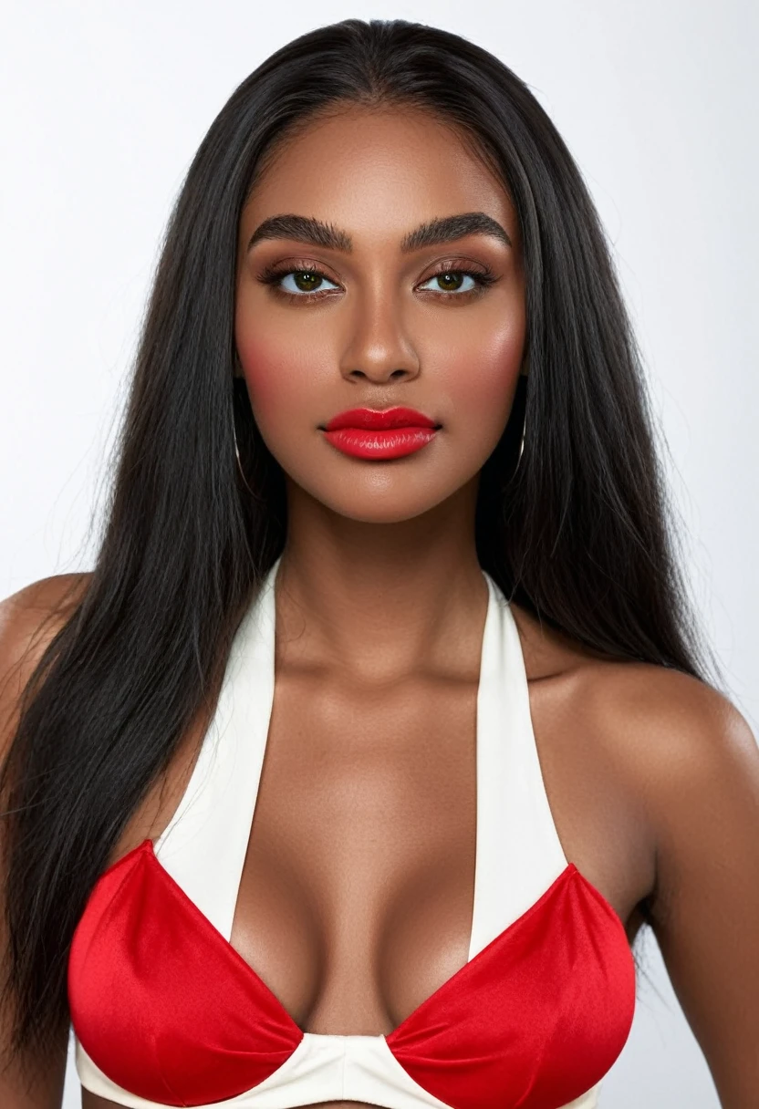 Woman in red lingerie posing for photo. fine details in everything, a beautiful woman, beautiful Latin face, Brazilian supermodel, stunning beauty, stunning, Angolan descent, most beautiful woman in the world, jaw-dropping beauty, young adult 30 years old, She has an exotic beauty, native Brazilian , tall woman, a stunning black African woman, with indigenous features, beautiful indigenous girl, ((An indigenous African girl with European ebony)), ((her beauty is undeniable)), beautiful young ebony girl with dark skin, tanned Mexican. *hair: Straight black hair, voluminous black hair, long black hair. *eyes: eyes are green and expressive, beautiful green eyes, realistic green eyes, detailed green eyes, ultra realistic, symmetrical, hyper realistic, (eyeliner, long eyelashes ), intense and penetrating look, seductive, mysterious and charming look, the look has magnetism, attraction and fascination.* Eyebrows: perfect eyebrows that arch gracefully above the eyes and are thick. * the nose is small and proportional to the face and smooth contour of the face that accentuates the high cheekbones. *Mouth: Attractive and irresistible mouth, lips are well defined, full lips, voluminous lips, seductive lips, captivating, striking, unforgettable, mischievous, sexy, her features are captivating, seductive expression, a seductive smile is enigmatic*Face Shape: The face is oval, with high cheekbones and a well-defined jawline, beautiful and detailed face.*Makeup: Makeup is subtle , but enhances natural features.Skin Tone: Skin is olive, with a healthy, even glow, with brown skin, brown skin, sexy girl with dark skin, detailed skin texture, Beautiful and glowing skin, intricate details, skin smooth, healthy and radiant appearance.*healthy body: slim and attractive woman, large and firm breasts, athletic body, thin waist, wide hips, big butt, thick thighs, shapely legs. Resolution: 3D 4k, high resolution, full sharpness photo realistic, breathtaking, Lentille nette, Photographie pro