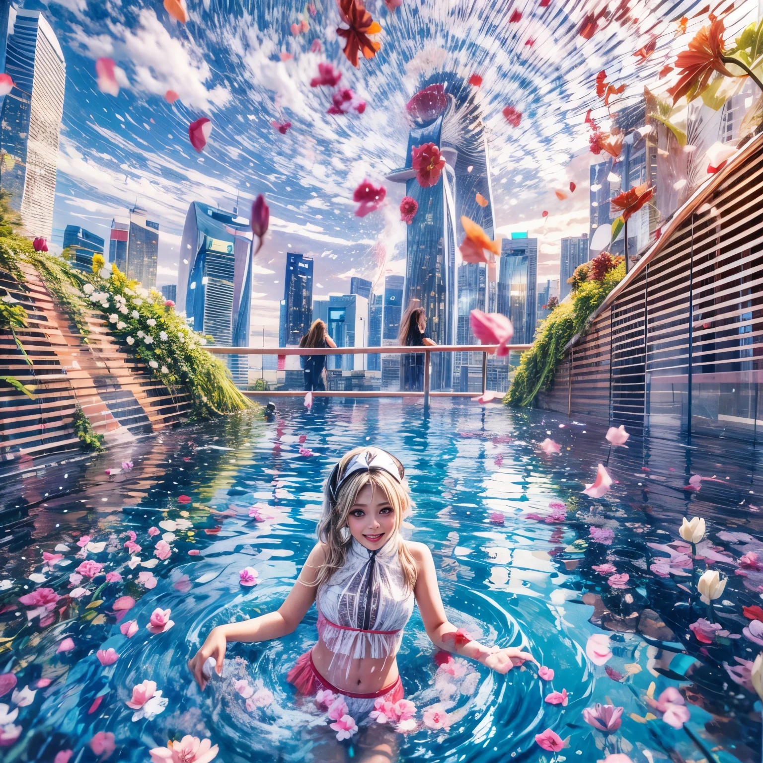 BloodRed, White in Pearly RainbowColors,ExtremelyDetailed(ProfessionalPhoto of Girl Floating in the Sky:1.37)ZoomLayer{Stunning|Mystic|GodRays|Haze}, 57th floor infinity pool in the urban forest. (Masterpiece 8K TopQuality:1.2)(ExtremelyDetailed NOGIZAKA face:1.37) ElaboratePupil with (SparklingHighlights:1.28) DoubleEyelids with Voluminous LongEyelashes PUNIPUNI RosyCheeks (Joyful Expressions LifeLike Rendering) MotionBlur  BREAK  (Acutance:0.77) PUNIPUNI Radiant Impeccable PearlSkin with Transparency White(Skinny SchoolSwimwear) {(HiddenHand)|((Corrected BabyLike Hand))} Whole Body Proportions and all limbs are Anatomically Accurate, {Carnation|Tulips|(Rose)} [FlowerWreath WrappedBody Full of Flowers Covering girl's body] {((Dazzling RainbowColorHorizon))|ColorfulSky|ColoredClouds|(Starly Particles)}(extra limbs:-1.4)(Not Detailed Face:-1.37)(Not Detailed Hand:-1.28), Drawing infinity pool reference to the rooftop of Marina Bay Sands