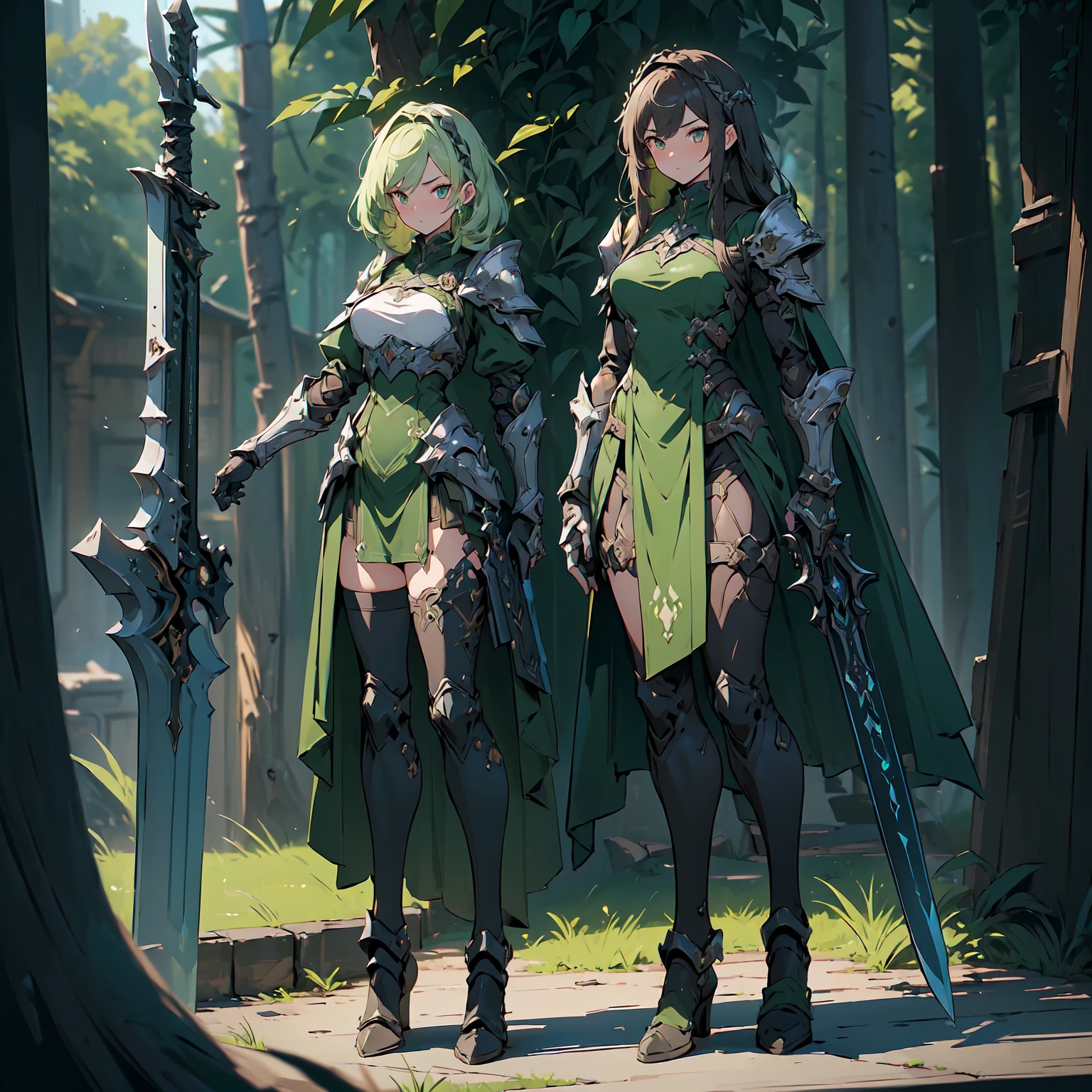 (((masterpiece, best quality, high detailed, 8k))) Design a layout showcase Gaming character, (1girl). Green|Brown clothes, stylish and unique. ((showcase weapon:1.4)), dual daggers. (masterpiece:1.2), (best quality), 4k, ultra-detailed. (Step by step design, layout art:1.5), (luminous lighting, atmospheric lighting). assassin, ((glove full hands)), (((revealing clothes:1.3))), vambraces, armored legwear, (((full_body_shot:1.4))). {In a dense jungle}.