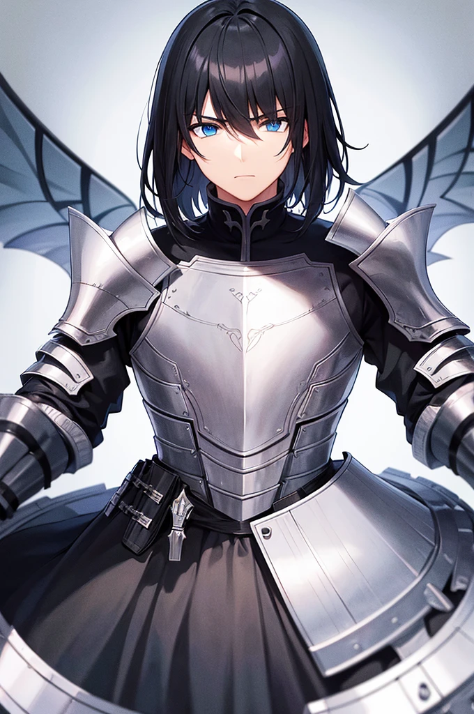 A Male in Knight Armor Staring with a blank expression, Black Hair, Blue Eyes, Blank Background, Best Quality,