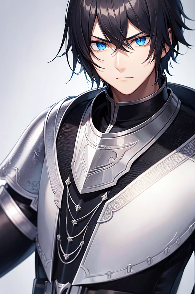 A Male in Knight Armor Staring with a blank expression, Black Hair, Blue Eyes, Blank Background, Best Quality,