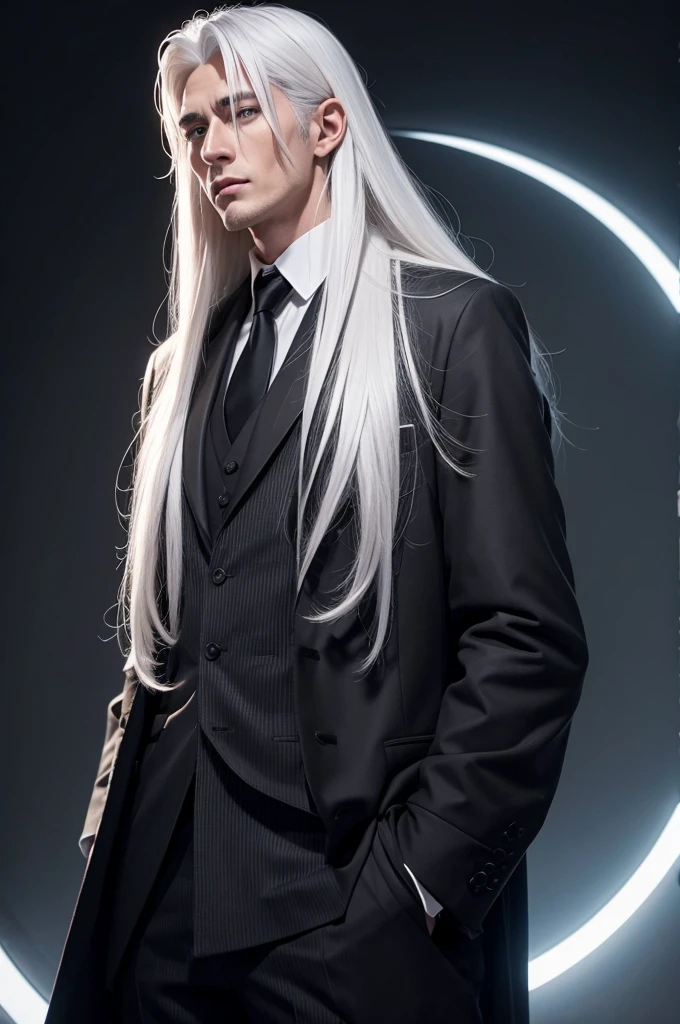 Male handsome white-haired wizard in black suit
