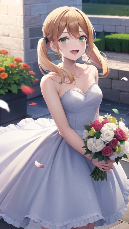 masterpiece, best quality, highres, 1girl, solo, blonde hair, low twintails, green eyes, wedding dress, strapless, smile, open mouth, holding bouquet, standing, cowboy shot, garden, confetti,