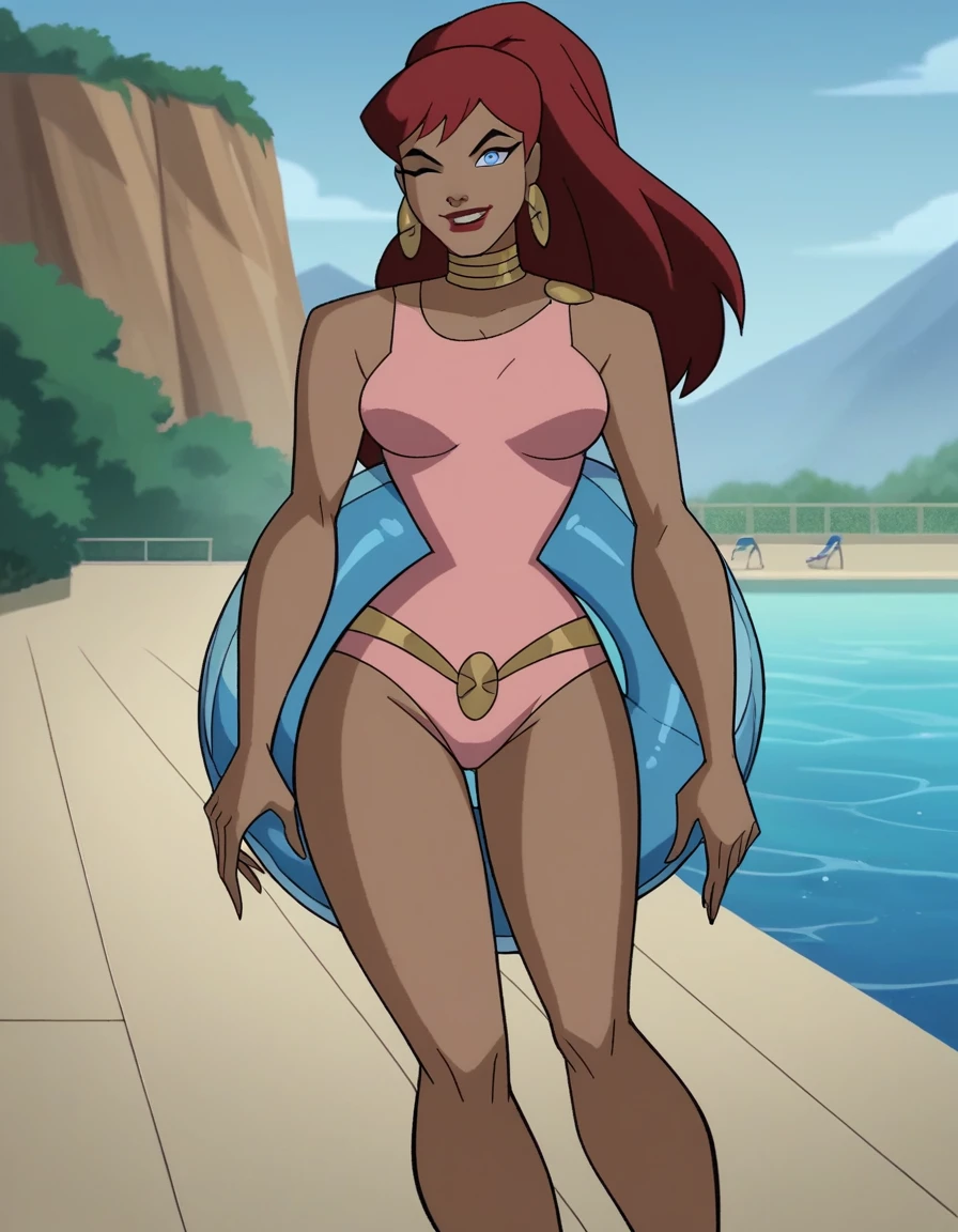 score_9, score_8_up, score_7_up, source_anime,
giganta, giganta, blue eyes, red hair, dark skin, 1girl, solo dark-skinned female, makeup, lipstick, ponytail, sunglasses raised earrings, pink swimsuit, one-piece swimsuit thin eyebrows raised, looking at viewer, winking, bare legs, outdoor pool, daytime, standing, hips, thigh highs, full view, front view, long legs, gold flip-flops, holding inner tube, seductive smile