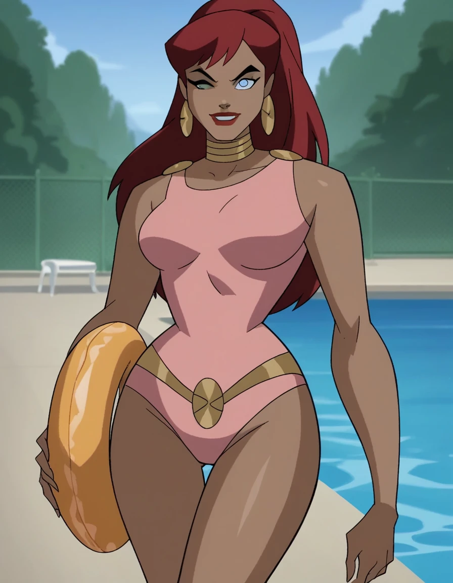 score_9, score_8_up, score_7_up, source_anime,
giganta, giganta, blue eyes, red hair, dark skin, 1girl, solo dark-skinned female, makeup, lipstick, ponytail, sunglasses raised earrings, pink swimsuit, one-piece swimsuit thin eyebrows raised, looking at viewer, winking, bare legs, outdoor pool, daytime, standing, hips, thigh highs, full view, front view, long legs, gold flip-flops, holding inner tube, seductive smile