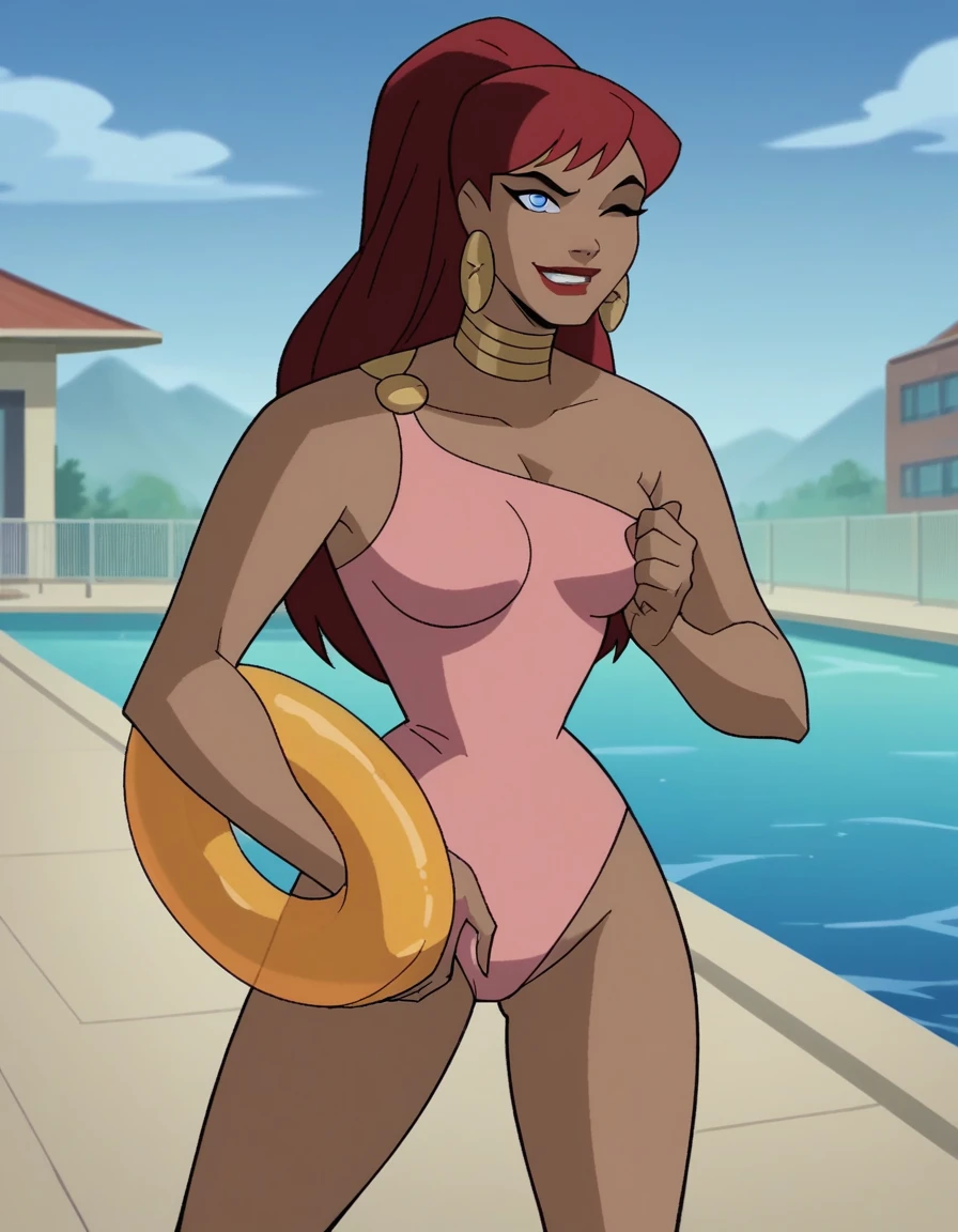 score_9, score_8_up, score_7_up, source_anime,
giganta, giganta, blue eyes, red hair, dark skin, 1girl, solo dark-skinned female, makeup, lipstick, ponytail, sunglasses raised earrings, pink swimsuit, one-piece swimsuit thin eyebrows raised, looking at viewer, winking, bare legs, outdoor pool, daytime, standing, hips, thigh highs, full view, front view, long legs, gold flip-flops, holding inner tube, seductive smile