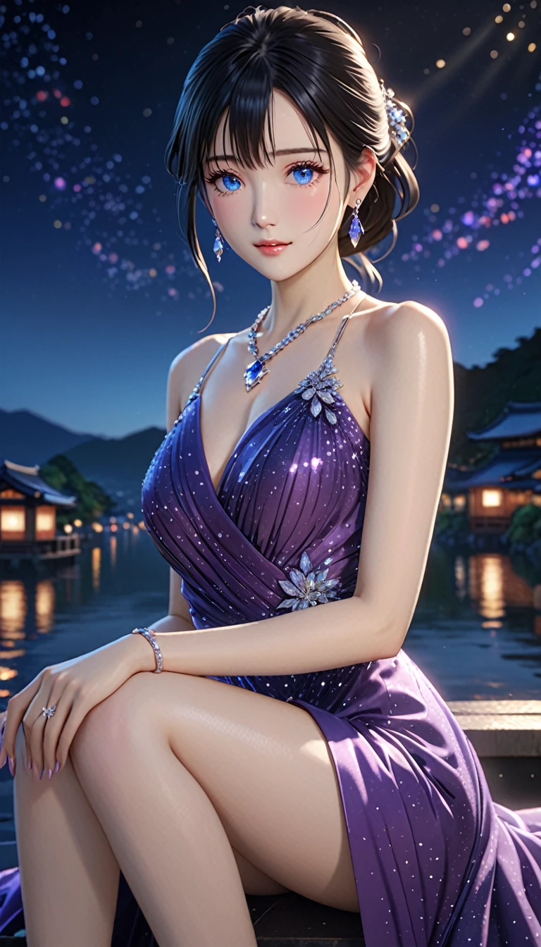 National Science Foundation,masterpiece,High resolution,8K,art,refer,3d,realism,Kyoto Animation Style,Your Name movie style,Looking into the camera,Soft Light,Glowing Skin,超High resolution, Attention to detail, High resolution, 8K, 16K, high quality, 最high quality, Super detailed, Textured skin, masterpiece, Accurate, Anatomically correct, Awards,(1 female: 1.3),(alone: 1.4),Starry Sky(((Black Hair))),美しいBlack Hair,((Ponytail Hair)),(A beautiful sparkling purple evening dress),Gorgeous evening dress with Swarovski crystals,(Crystal Hairpin),(Crystal Necklace),(Crystal Earrings),(Crystal Bracelet),(Crystal Ring),Long eyelashes,Thin legs,Upper body close-up,(((knee shotで:1.3))),(Eyes shining like stars),(((Pale blue eyes))),Watery eyes,(blush),(shy),
