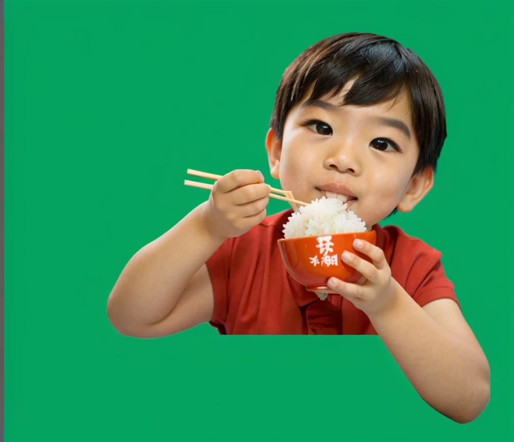 A little boy eating rice with bowl and chopsticks