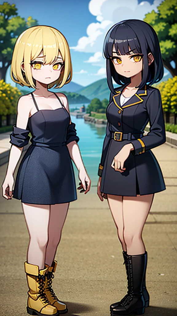 2girls, twins, short wavy navy blue hair, golden yellow glowing eyes, wearing black tube top, navy blue trench coat, navy blue long denim skirt, golden boots, sleeve tattoo, river, absurdres, high res, ultra sharp, 8k, masterpiece, looking at viewer