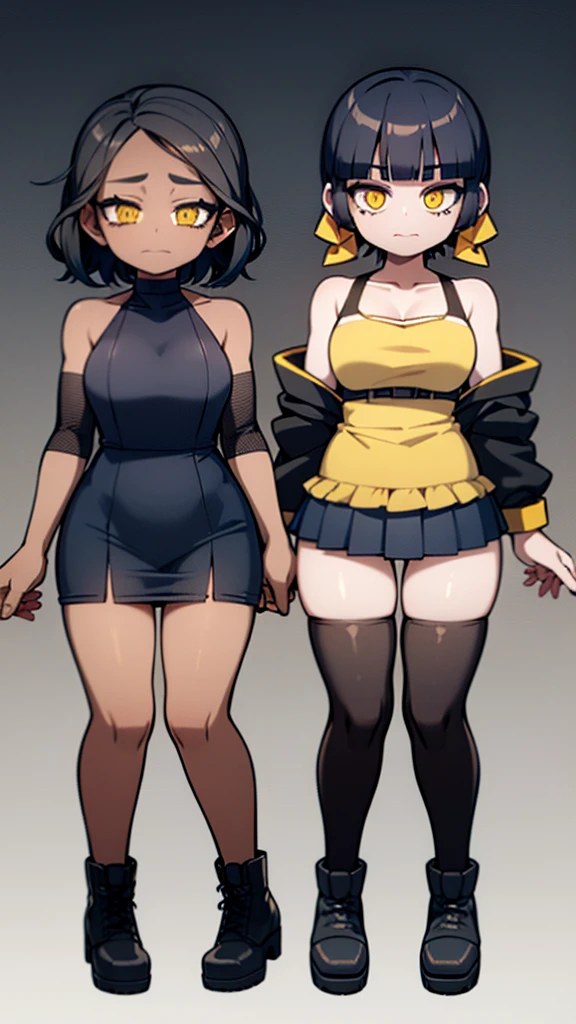2girls, twins, short wavy navy blue hair, golden yellow glowing eyes, wearing black tube top, navy blue trench coat, navy blue long denim skirt, golden boots, sleeve tattoo, river, absurdres, high res, ultra sharp, 8k, masterpiece, looking at viewer