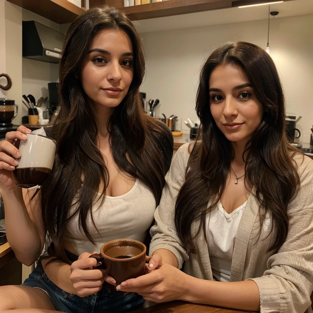 A 30-year-old brunette woman of Middle Eastern descent with long hair is enjoying a cup of coffee.