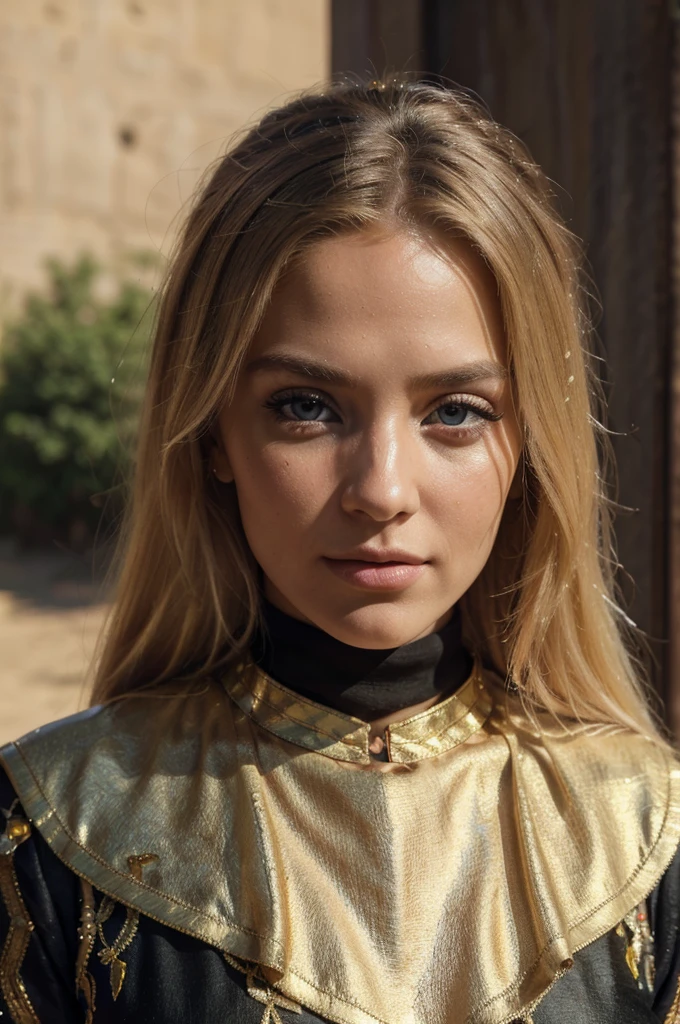 a beautiful blonde woman, beautiful golden blonde hair, detailed eyes, beautiful detailed lips, extremely detailed face, long eyelashes, in the country of Egypt, wearing a black hijab, (best quality,4k,8k,highres,masterpiece:1.2),ultra-detailed,(realistic,photorealistic,photo-realistic:1.37),HDR,UHD,ultra-fine painting,sharp focus,physically-based rendering,extreme detail description,professional,vivid colors,bokeh,portrait, vue sur les pyramides en arrière plan, photo prise par un photographe, le cheveux porter par le vent, les mains derrière le dos
