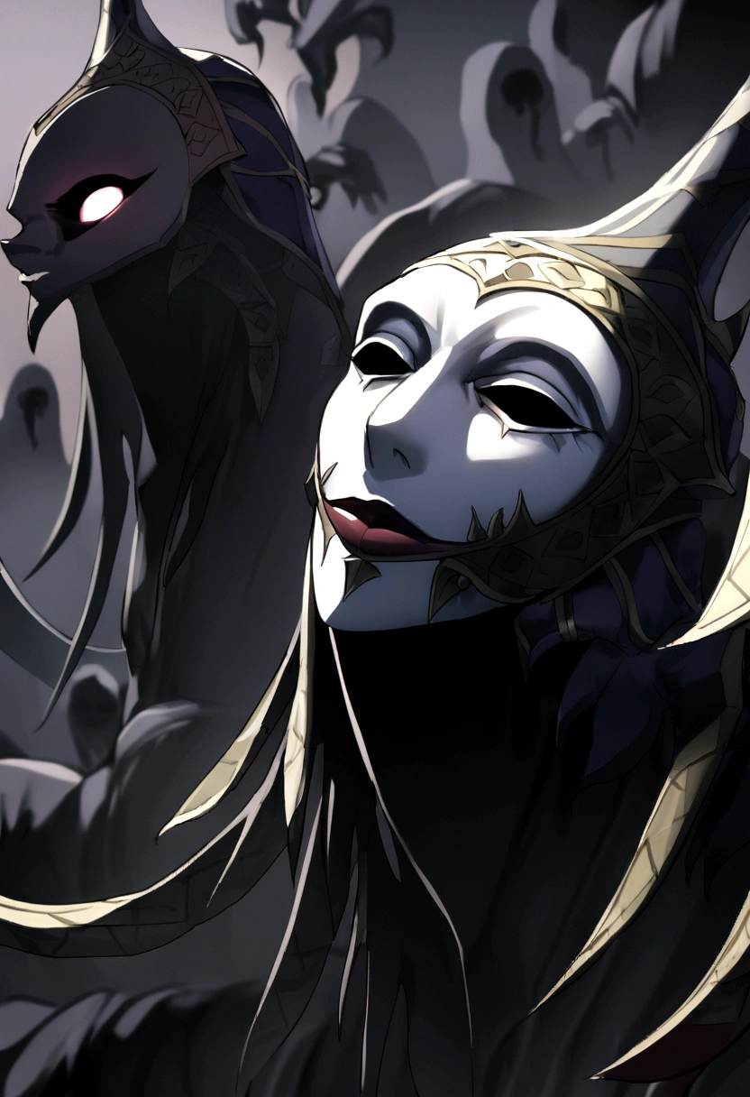 Court Jester Demon, long blade claws, (soulless fool mask), simple theatre mask, tall and lanky body, Pile of corpses background, eerie, dark, oblique angle, closeup, Grusel