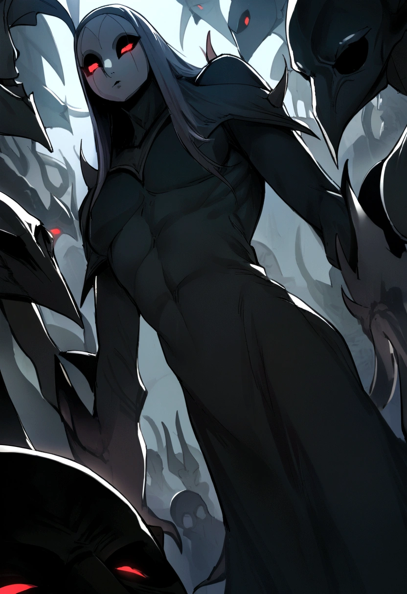 Court Jester Demon, long blade claws, (soulless fool mask), simple theatre mask, tall and lanky body, Pile of corpses background, eerie, dark, oblique angle, closeup, Grusel