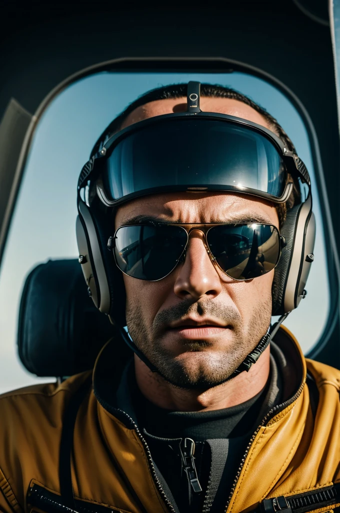 a man piloting a plane, detailed realistic portrait of a pilot, handsome man with sharp features, square jaw, piercing eyes, focused expression, wearing aviator sunglasses, messy hair, flight suit, airplane cabin, blurred rotor blades, bright dashboard lights, cinematic lighting, contrast