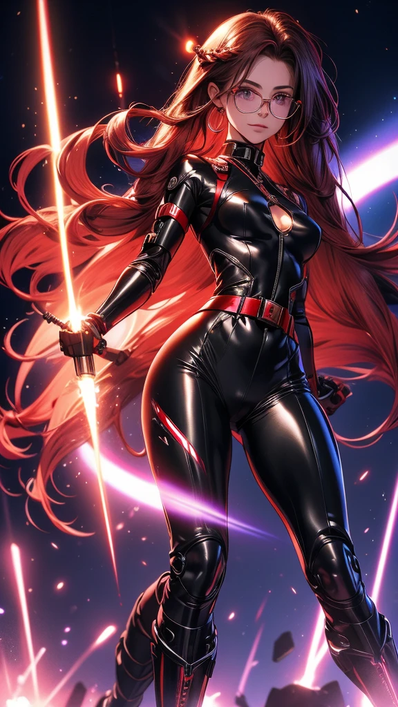 woman, long braided hair, vermilion hair, perfect body, futuristic monocle, metallic robot arms, red-purple eyes, military top, big breasts, beautiful thick thighs, wide hips, honey waist, purple red and black clothing , military boots, many belts, futuristic rifle, has war scars, posing with a rifle, full body focus, high definition details, dynamic lighting, RTX, military base background.