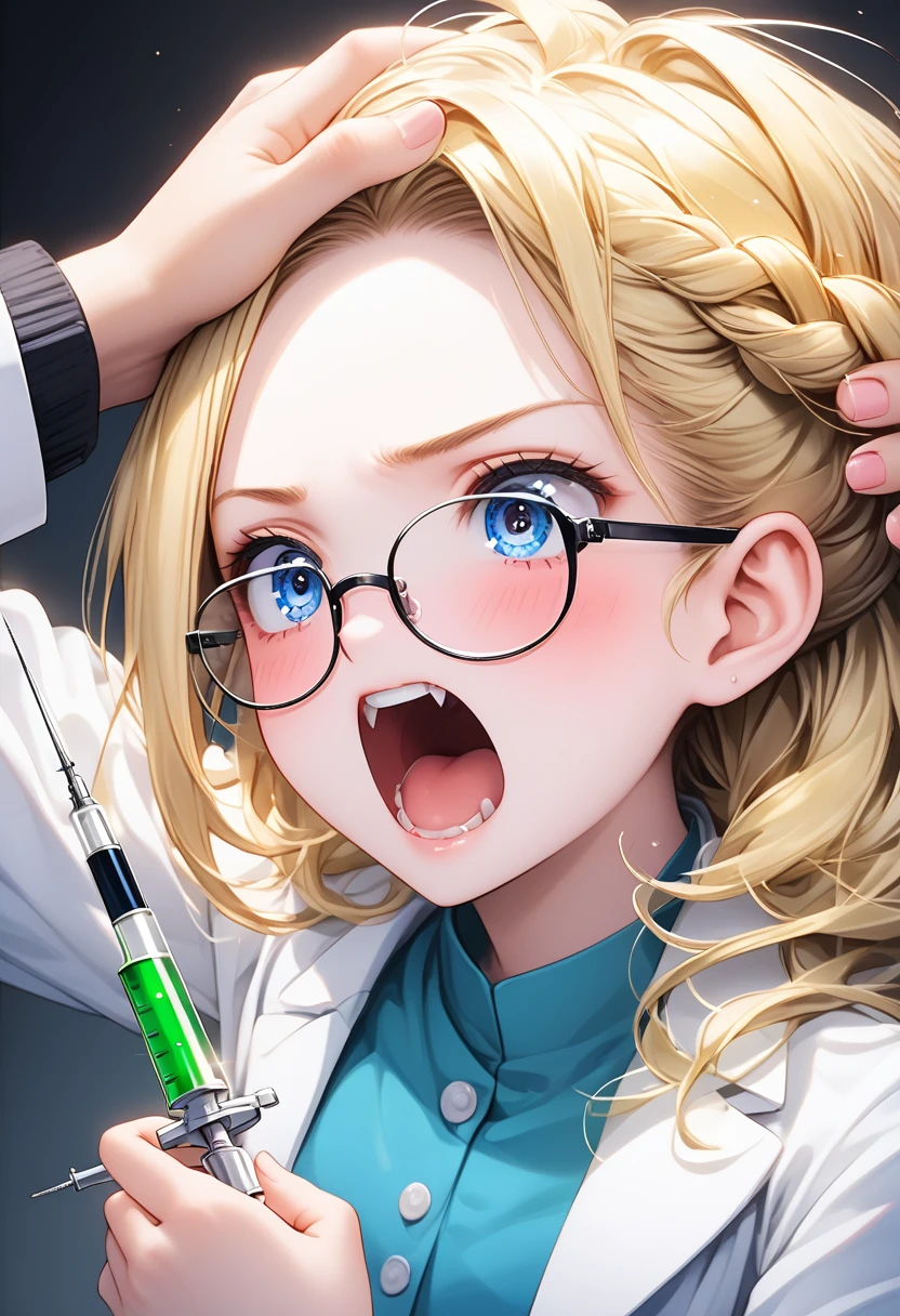 detailed illustration, (front view), (side view),dynamic angle, ultra-detailed, illustration, clean line art, shading, anime, detailed eyes, detailed face, beautiful face, dramatic lighting, detailed illustration, dynamic angle, ultra-detailed, illustration, single woman, masterpiece, masterwork, beautiful, blue eyes
Thin, willowy, lithe, a cup breasts, narrow hips, creamy white skin, pale skin tone, blonde hair in a french braid, lab coat, glasses, professional, shy, quiet, mousy, conservatively dressed, puritanical, holding needle full of glowing liquid, submissive and breedable, young adult, youthful adult, 18 years old adult, college age, look of pain on face, yelling, grabbing head, veins bulging, transforming, (needle in arm:1.5), (giving self medication injection:1.5), need in arm
