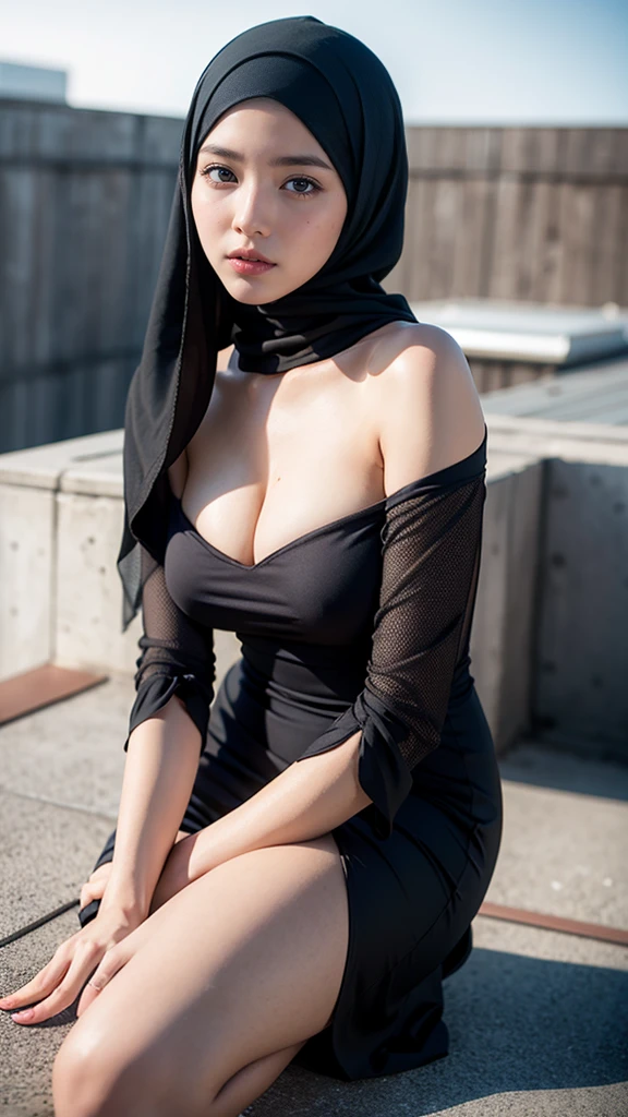 gorgeous young Malay woman, posing on the rooftop, wearing a hijab and a high-neck dress, full body, beautiful face, masterpiece, best quality, ultra-detailed, solo, shadows, contrast, cinematic light, side lighting, ultra high resolution, best shadow, RAW, 4k, 85 mm, poca profundidad de campo, Kodak Vision Color, estremadamente detailado, Cinematographer_\(ultra\), photorealistic, Realstic, Postproceso, Maximum details, aspereza, vida real, ultra realista, fotorreallsmo, Cinematographer, 8k UHD, Cinematographer
