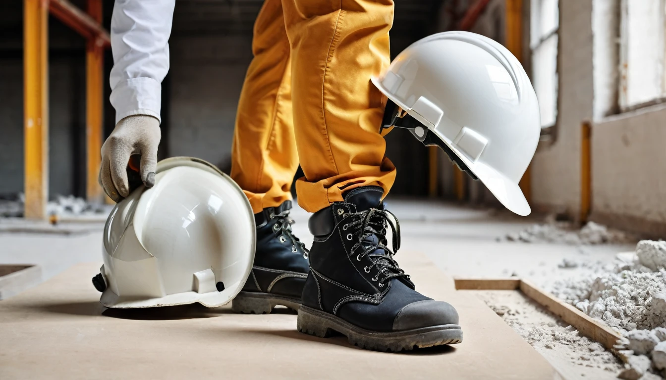 pair of feet in safe work clothes, high work shoes and hands carrying white work helmet indoors, building place background