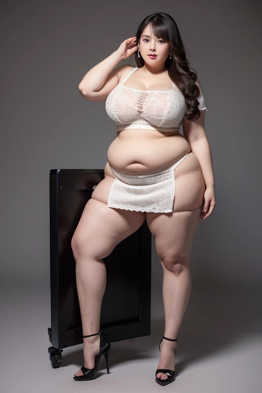 Naked big breasted european girl , she is wearing only white high heels and shiny tights , hyperrealistic image 