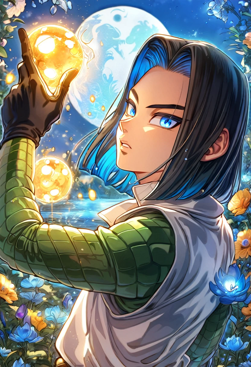 absurdres, highres, ultra detailed, HDR, master piece, Android 17, black hair, expressive blue eyes, white shirt with green sleeves, Dragon Ball Super, sexy man, handsome, best quality, blue moon, flowers, fantasy, magical, solo, water, blue shining fireflies, blue petals, black gloves