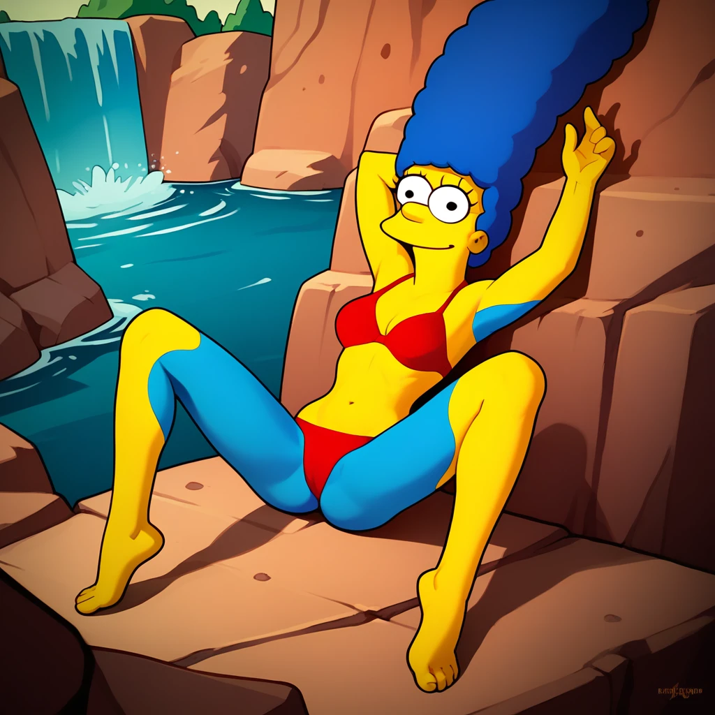 marges, (((blue hair, 1girl, solo, alone, colored skin, yellow skin))), score_9, score_8_up, score_7_up, score_6_up, score_5_up, score_4_up, zPDXL flat color, looking at viewer, smile,
((( red bikini, barefoot, sitting on back, spread legs ))),
sexy pose, dynamic pose, dynamic angle, cowboy shot,
outdoor, waterfall, day,