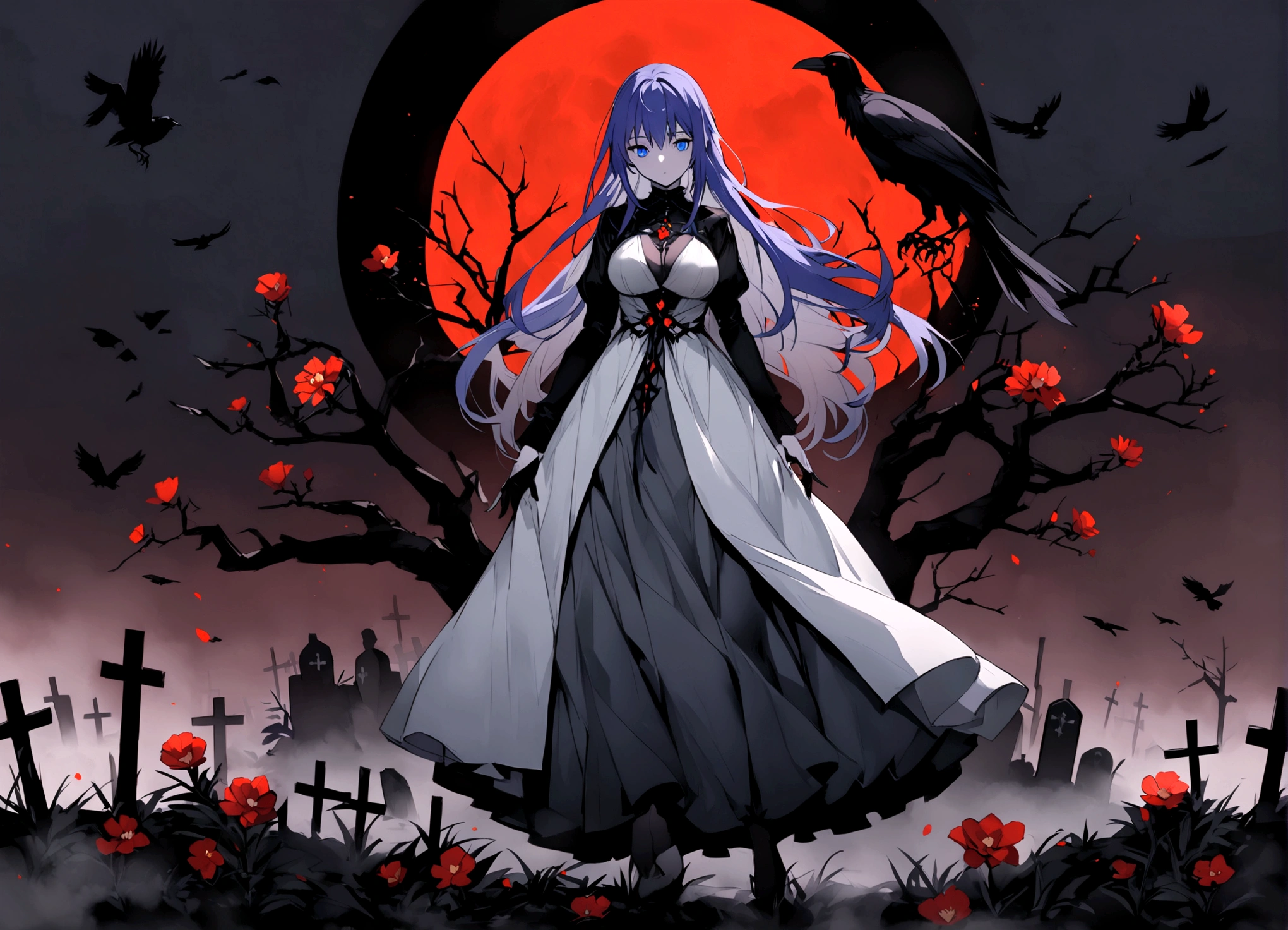 長い髪のbeautifulアニメ風の美女, (((Purple-blue hair)))Long Hair,(((Highest quality)))Transparent Hair,Face of Sadness,(((blue eyes)))A beautiful woman filled with sorrow,(((Perfect figure)))Big Breasts,(((Black and grey radical dress))),(((Radical Clergy)))Chaotic clothes,Rosary(((beautiful)))Pale skin,(((Glossy feel)))Full Body Shot,Crow,(((background)))dead tree,fog,Red Moon,Mysterious flower,Graveyard of Darkness。