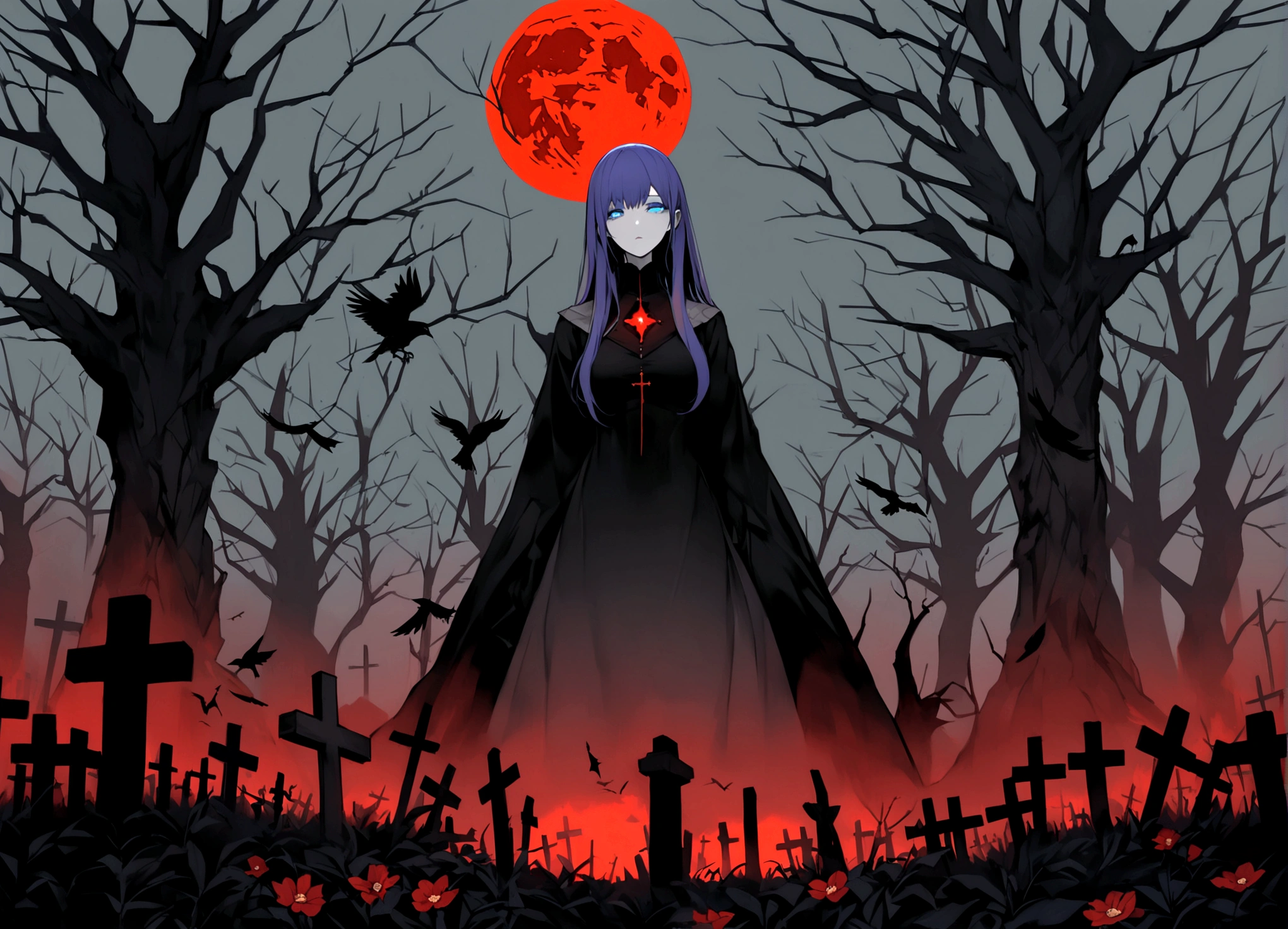 長い髪のbeautifulアニメ風の美女, (((Purple-blue hair)))Long Hair,(((Highest quality)))Transparent Hair,Face of Sadness,(((blue eyes)))A beautiful woman filled with sorrow,(((Perfect figure)))Big Breasts,(((Black and grey radical dress))),(((Radical Clergy)))Chaotic clothes,Rosary(((beautiful)))Pale skin,(((Glossy feel)))Full Body Shot,Crow,(((background)))dead tree,fog,Red Moon,Mysterious flower,Graveyard of Darkness。
