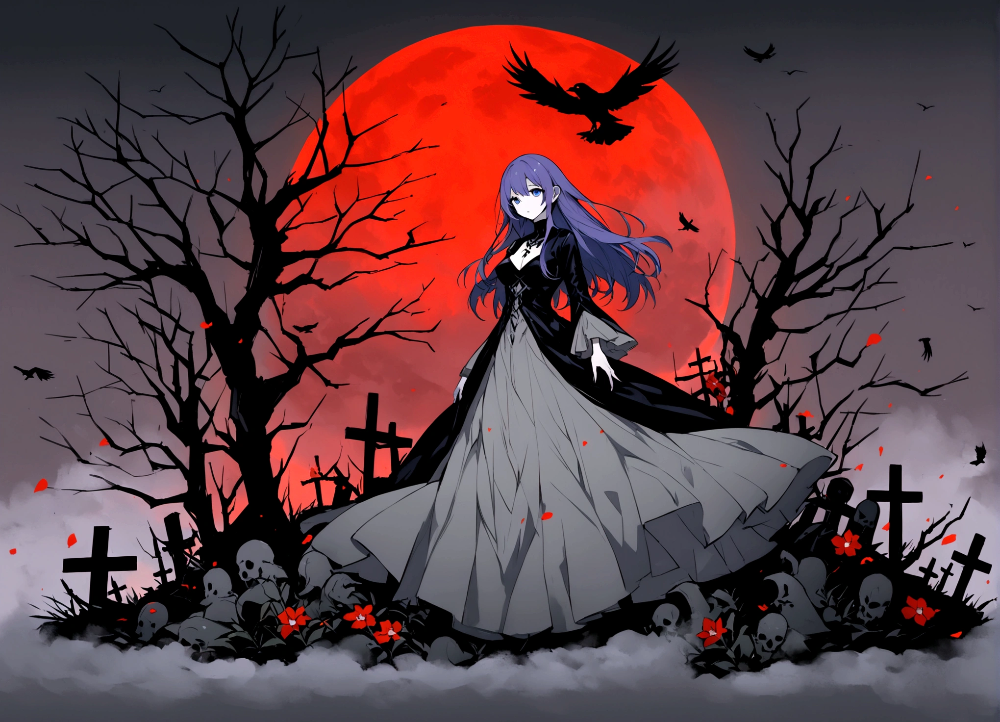 長い髪のbeautifulアニメ風の美女, (((Purple-blue hair)))Long Hair,(((Highest quality)))Transparent Hair,Face of Sadness,(((blue eyes)))A beautiful woman filled with sorrow,(((Perfect figure)))Big Breasts,(((Black and grey radical dress))),(((Radical Clergy)))Chaotic clothes,Rosary(((beautiful)))Pale skin,(((Glossy feel)))Full Body Shot,Crow,(((background)))dead tree,fog,Red Moon,Mysterious flower,Graveyard of Darkness。