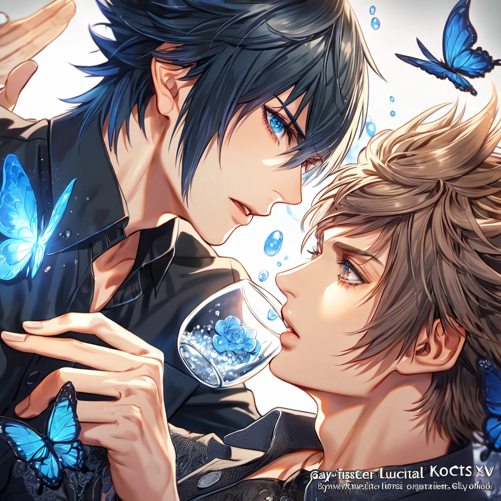 absurdres, highres, ultra detailed, HDR, master piece, best quality, extremely detailed, Ignis Scientia, brown hair, expressive brown eyes, Final Fantasy XV, Noctis Lucis Caelum, black hair, expressive blue eyes, two sexy men together, gay couple, yaoi, handsome, black clothes, fantasy, magic, sparkling, water, glass, blue moon, blue flowers, blue butterflies