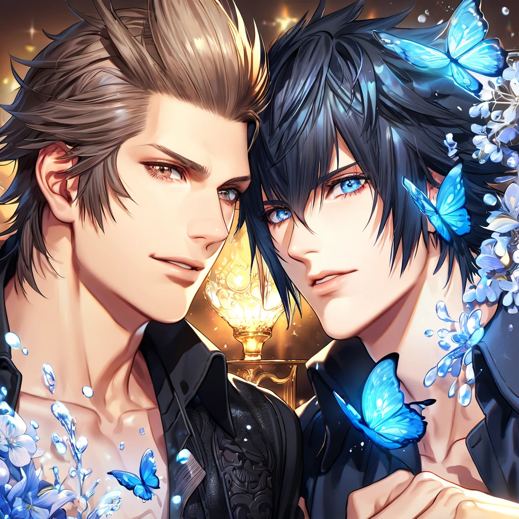 absurdres, highres, ultra detailed, HDR, master piece, best quality, extremely detailed, Ignis Scientia, brown hair, expressive brown eyes, Final Fantasy XV, Noctis Lucis Caelum, black hair, expressive blue eyes, two sexy men together, gay couple, yaoi, handsome, black clothes, fantasy, magic, sparkling, water, glass, blue moon, blue flowers, blue butterflies
