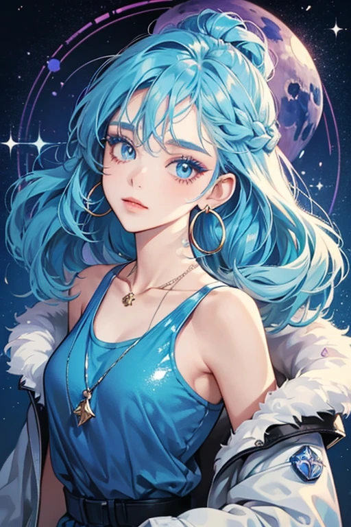 She is a thin, fair skinned girl. Her hair is stylized into a bubble braid and it is a badly blue color. Her tail is holographic with a baby blue color, and multiple dark colored blue lines. Her makeup is blue eyeshadow, and plum eyeshadow. She also wears glossy minimal makeup.
She wears a moon tank top, star pendant hoop earrings, dangly necklaces (2 necklaces) and her jacket is a fluffy coat, with cloud prints all around the front and back. Her outfit does not have a lot of details or accessories. SPARKLE; GLITTER