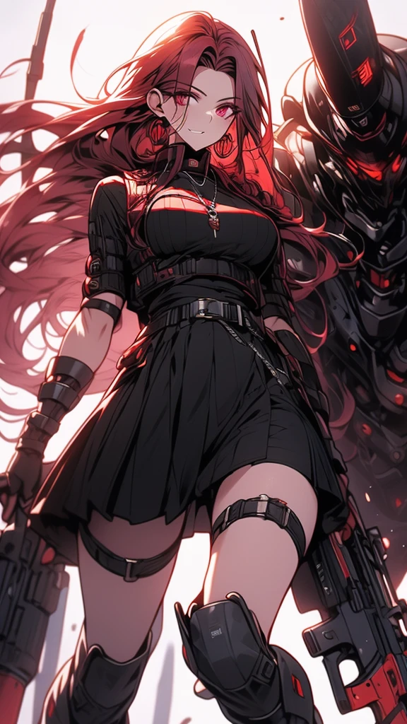 woman, long braided hair, vermilion hair, perfect body, futuristic monocle, metallic robot arms, red-purple eyes, military top, big breasts, beautiful thick thighs, wide hips, honey waist, purple red and black clothing , military boots, many belts, futuristic rifle, has war scars, posing with a rifle, full body focus, high definition details, dynamic lighting, RTX, military base background.
