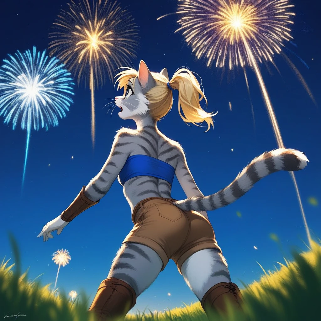 Solo, score_9,score_8_up,score_7_up, source_furry, kat, Anthro furry feline, big blue sparkling eyes, blonde hair, (ponytail hair), pink nose, :3, white whiskers, silver fur with grey stripes, furry body, wearing solid blue bandeau, brown short shorts, brown boots, neutral standing position, hands to her sides, standing, curious expression, looking up at the sky, on a grassy field, mouth open, :o, rear view, low angle shot, many fireworks in the night sky, night time