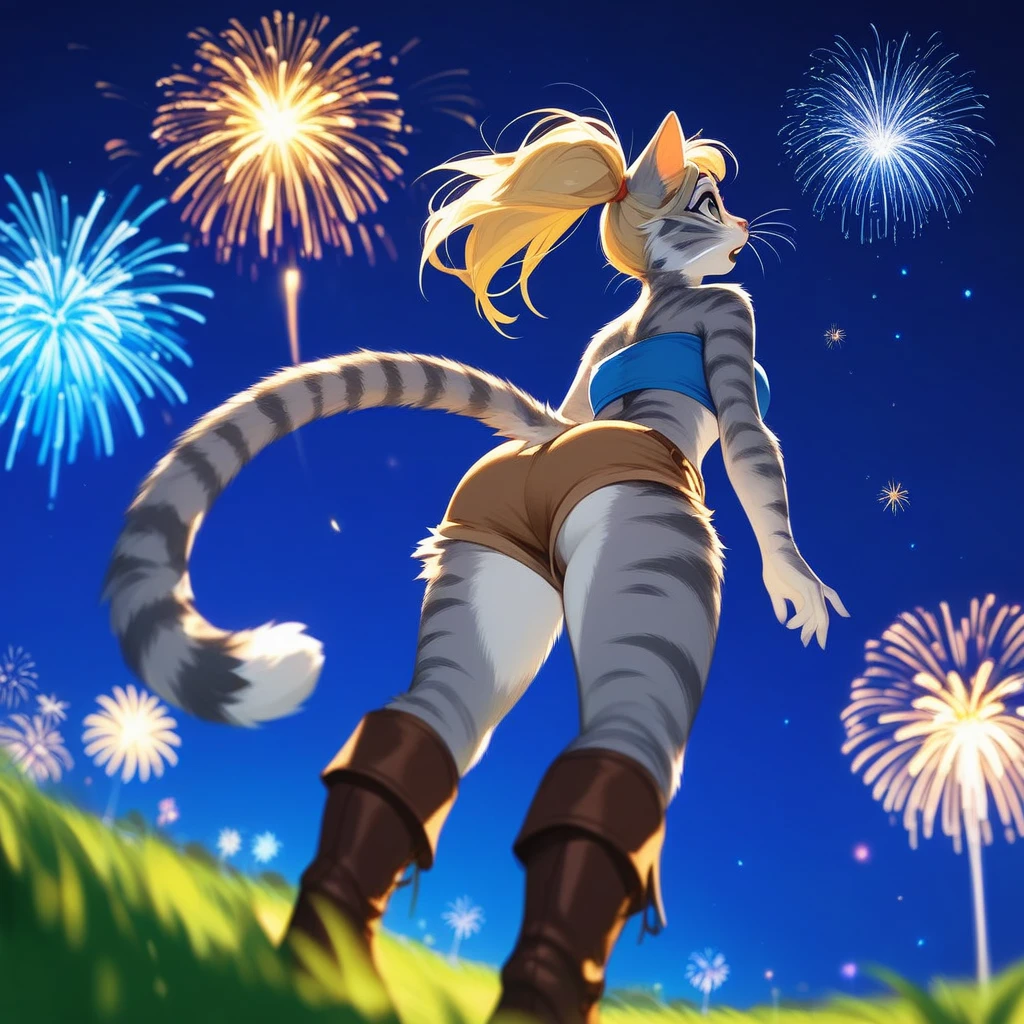 Solo, score_9,score_8_up,score_7_up, source_furry, kat, Anthro furry feline, big blue sparkling eyes, blonde hair, (ponytail hair), pink nose, :3, white whiskers, silver fur with grey stripes, furry body, wearing solid blue bandeau, brown short shorts, brown boots, neutral standing position, hands to her sides, standing, curious expression, looking up at the sky, on a grassy field, mouth open, :o, rear view, low angle shot, many fireworks in the night sky, night time