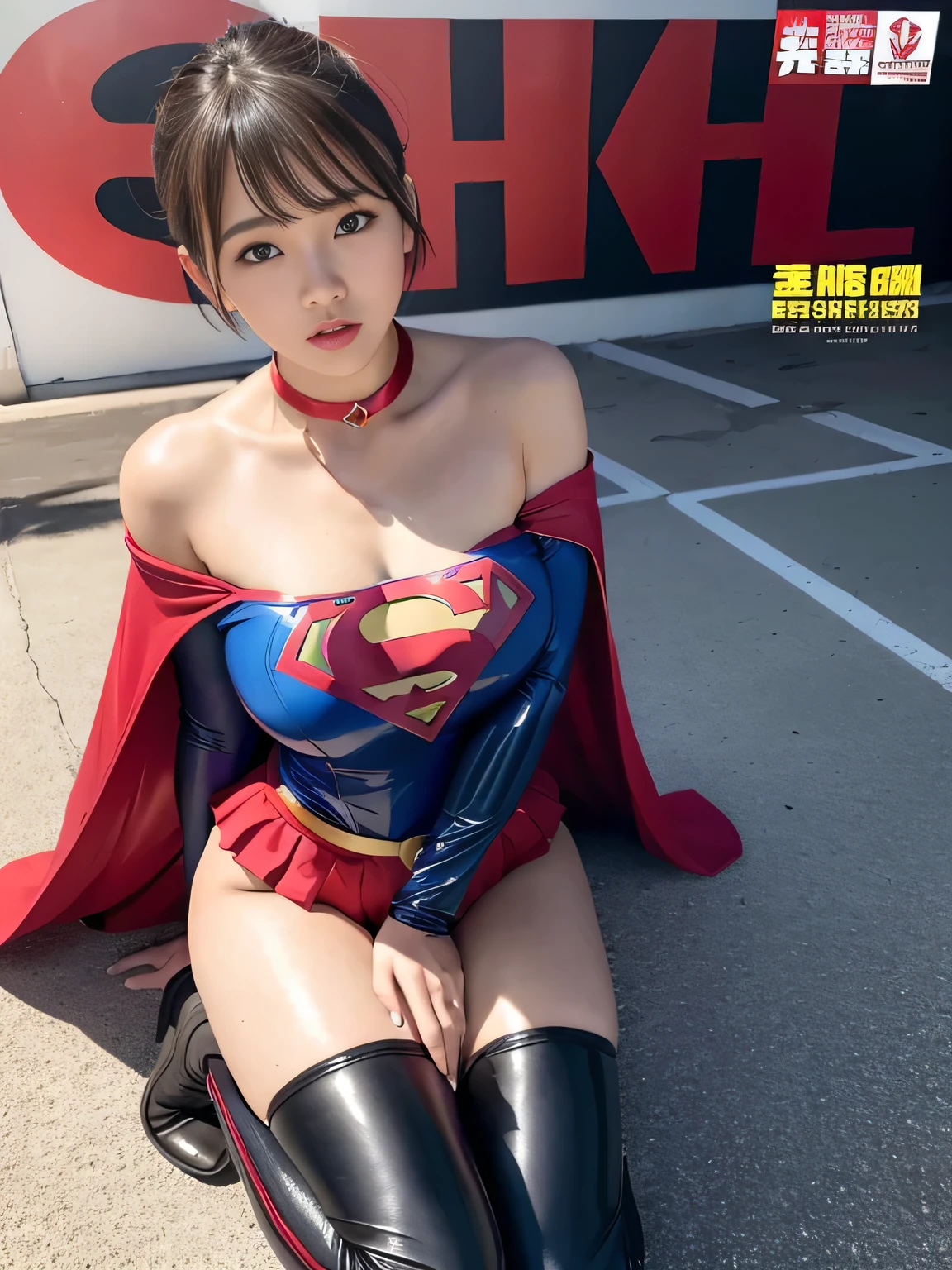 masterpiece、Enamel Supergirl Costume、short hair、Vinyl Long Boots、Big and ample breasts、shiny sweaty skin、looking at the camera、choker、Long sleeve、Sexy poses to seduce、Off the shoulder、latex、from right in front、athlete、Racing Bloomers、Red Cape、Muscle training、Thighs、Photo magazine cover、