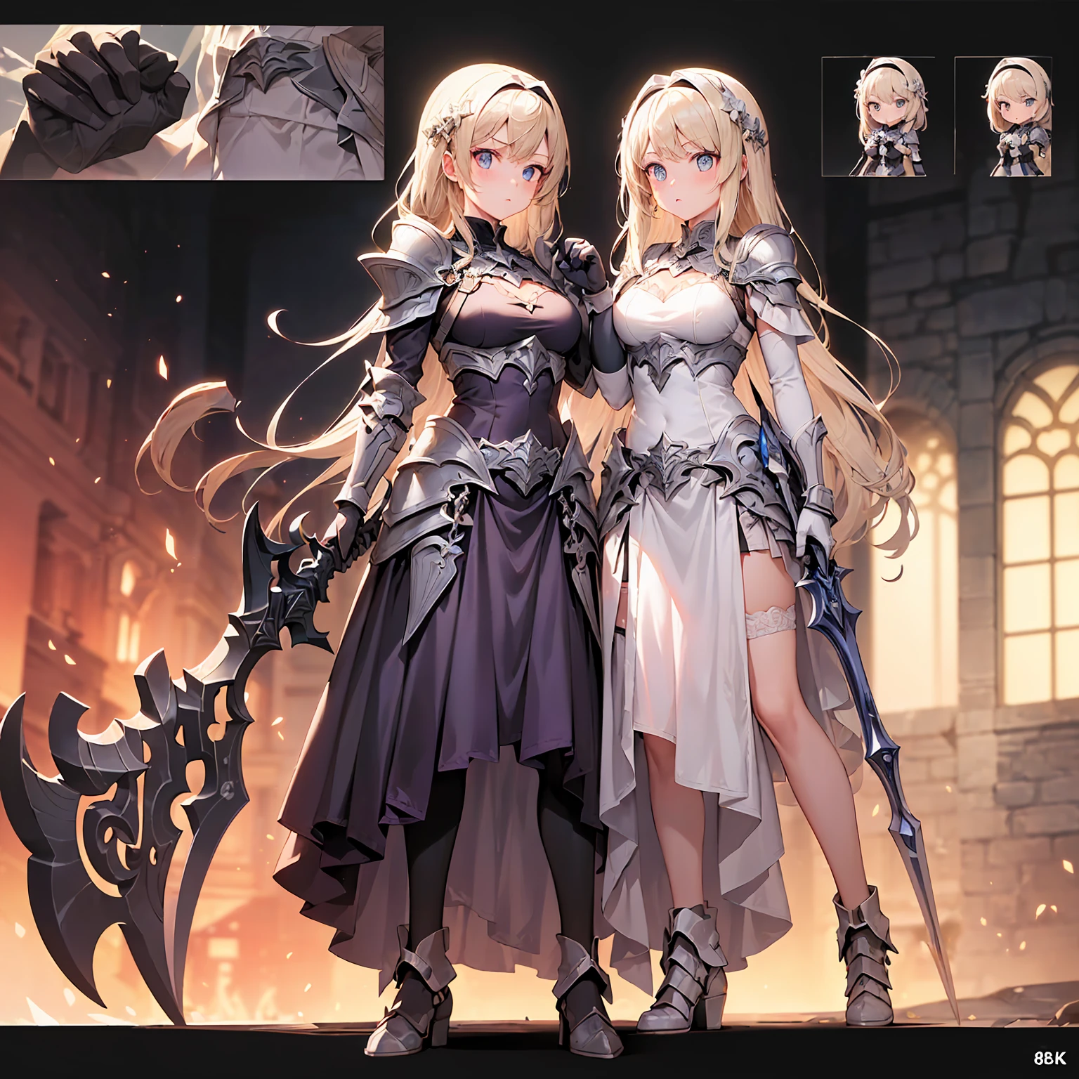 (((masterpiece, best quality, 8k)))Design a layout showcase Gaming character, (1girl). 
Golden+Purple clothes, stylish and unique. 
((showcase weapon:1.4)), magic staff. 
(masterpiece:1.2), (best quality), 4k, ultra-detailed. 
(Step by step design, layout art:1.5), (luminous lighting, atmospheric lighting). 
magican, ((glove full hands)), (((revealing clothes:1.3))), vambraces, armored legwear, (((full_body_shot:1.4))).