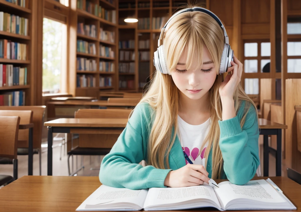 One Girl、Blonde、Long Hair、studying、Headphones、library、An illustration